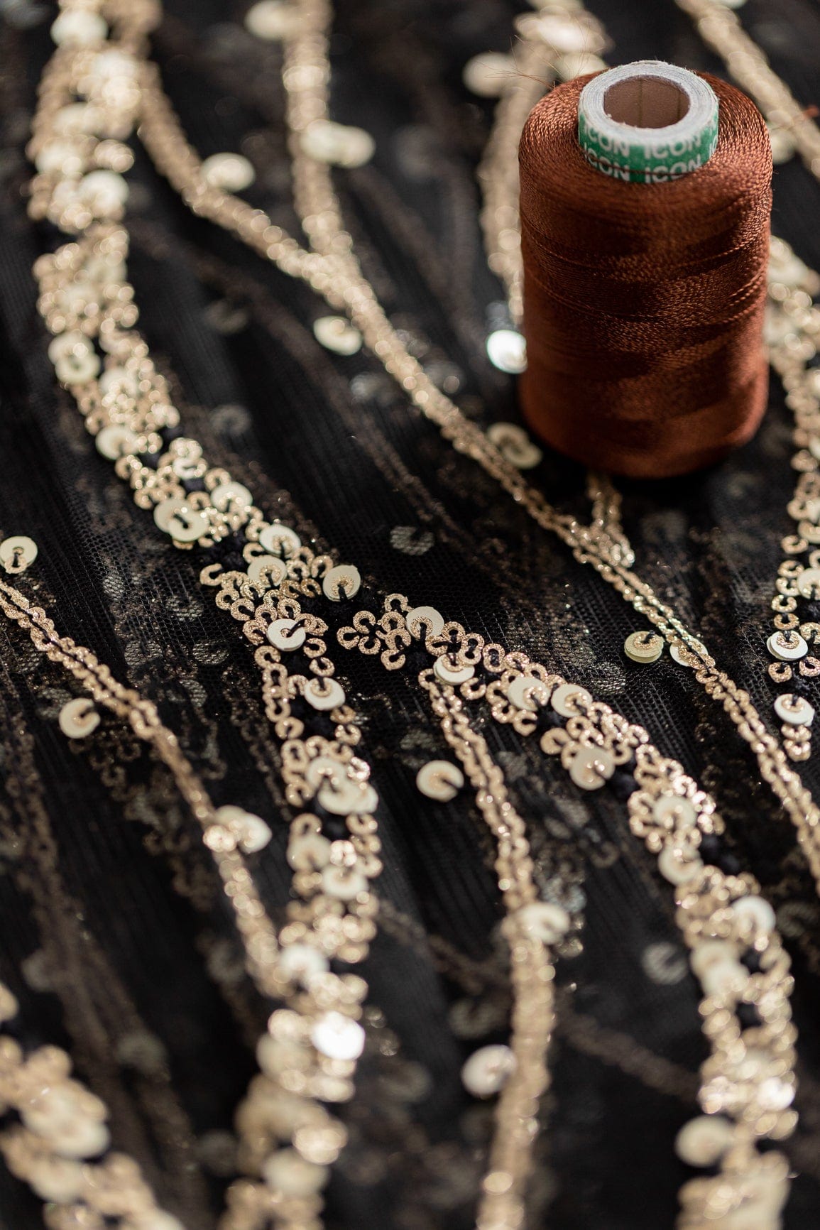 Wavy Black and Gold Sequins Embroidery on Black Net - doeraa