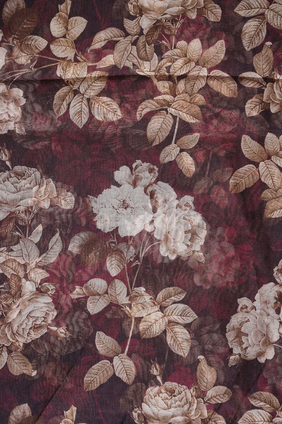 White And Brown Floral Digital Print On Dark Wine Organza Fabric - doeraa