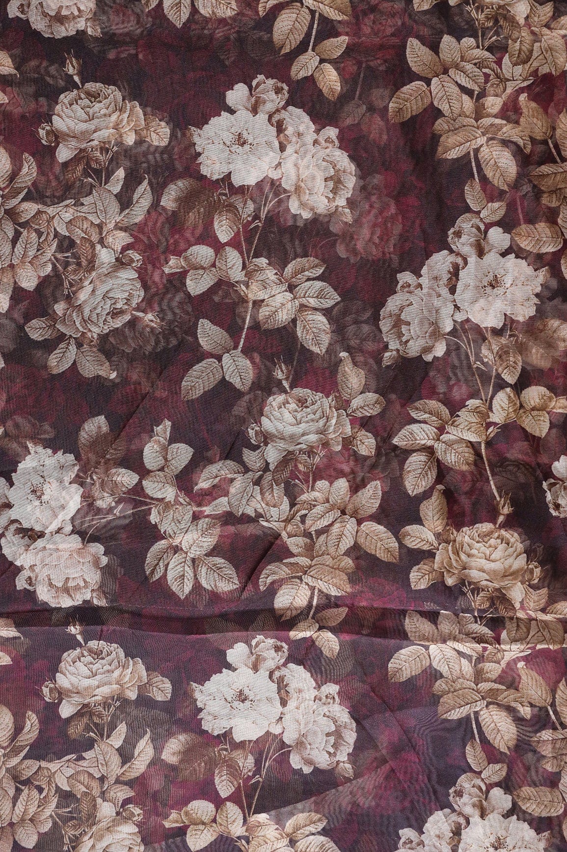 White And Brown Floral Digital Print On Dark Wine Organza Fabric - doeraa