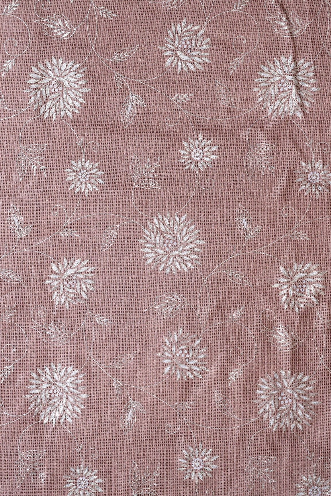 White And Brown Floral Foil Print Kota Doria Net Fabric - doeraa