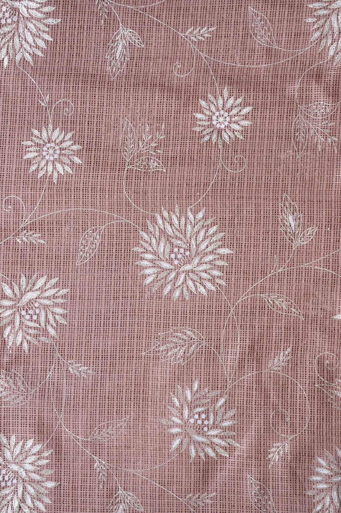 White And Brown Floral Foil Print Kota Doria Net Fabric - doeraa