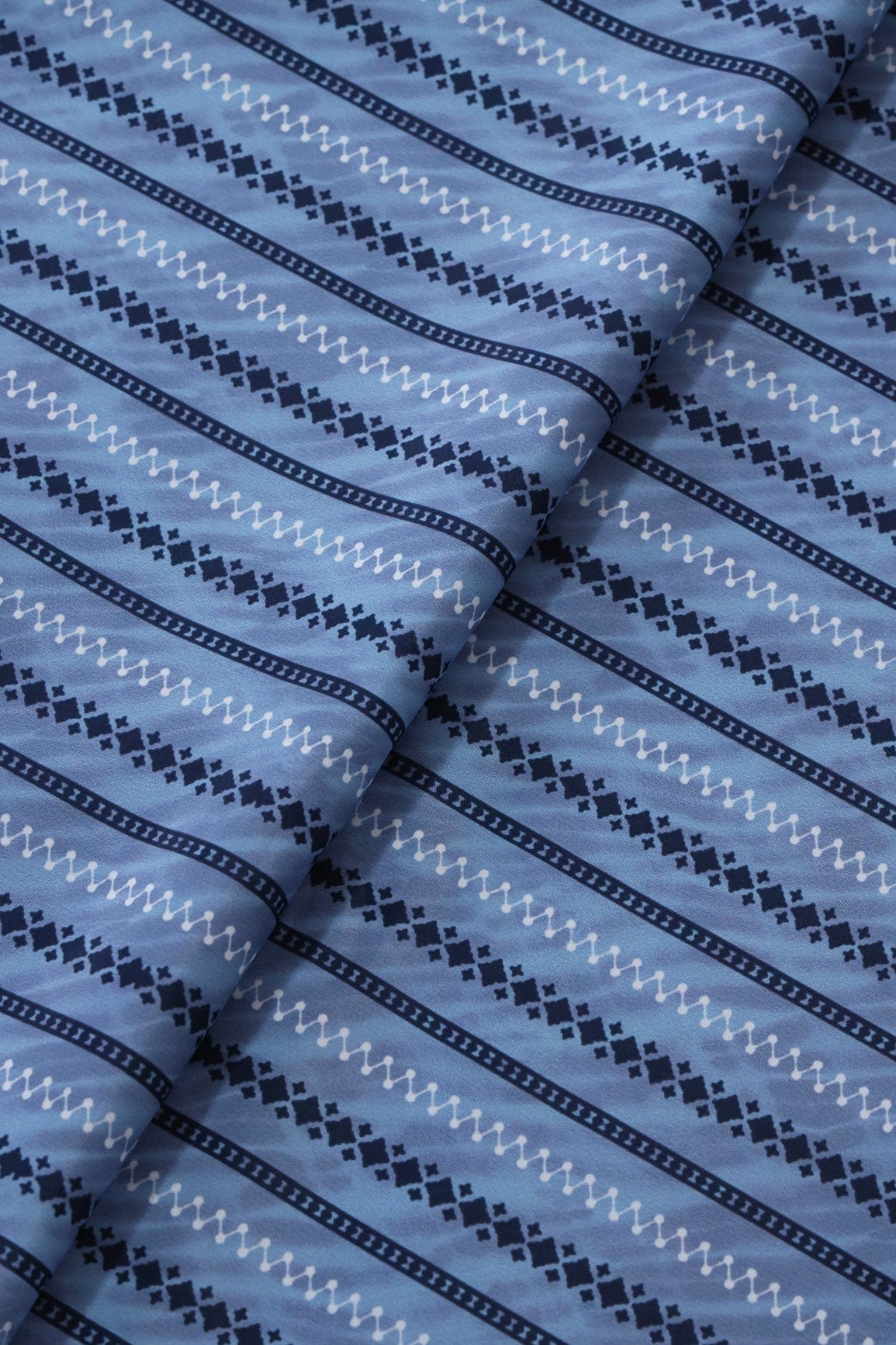 White And Dark Navy Blue Stripes Pattern Digital Print On Pastel Blue French Crepe Fabric - doeraa