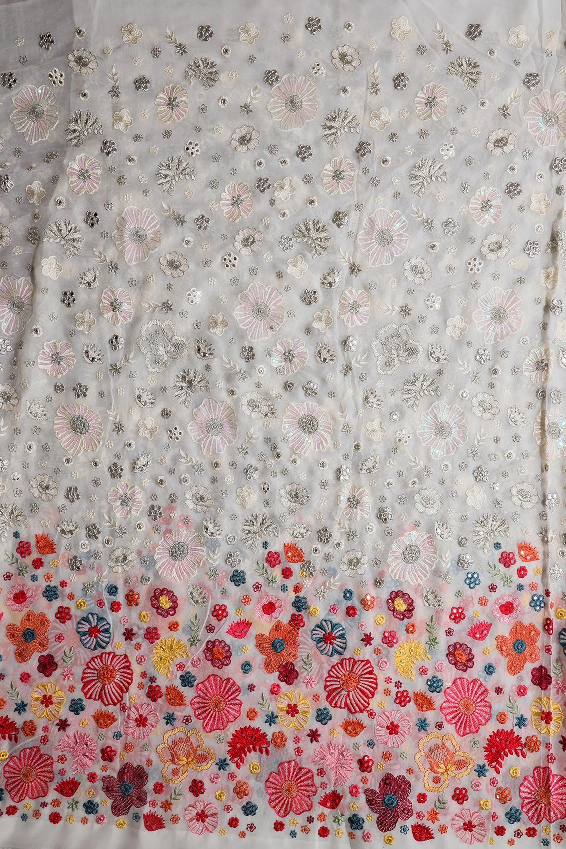 White And Dark Orange Unstitched Lehenga Set Fabric (3 Piece) - doeraa