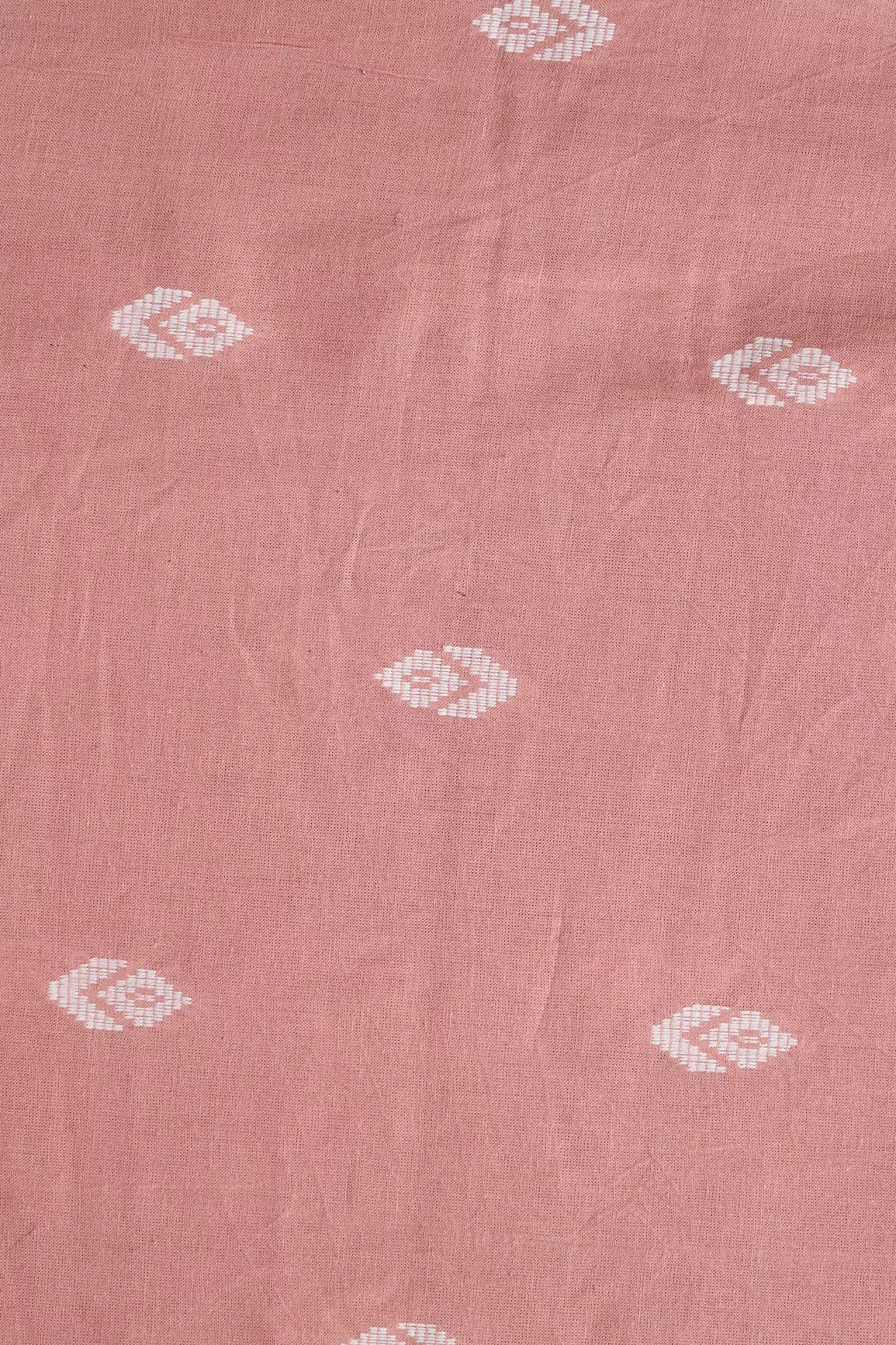 White And Dusty Peach Small Booti Pattern Handwoven Organic Cotton Fabric - doeraa