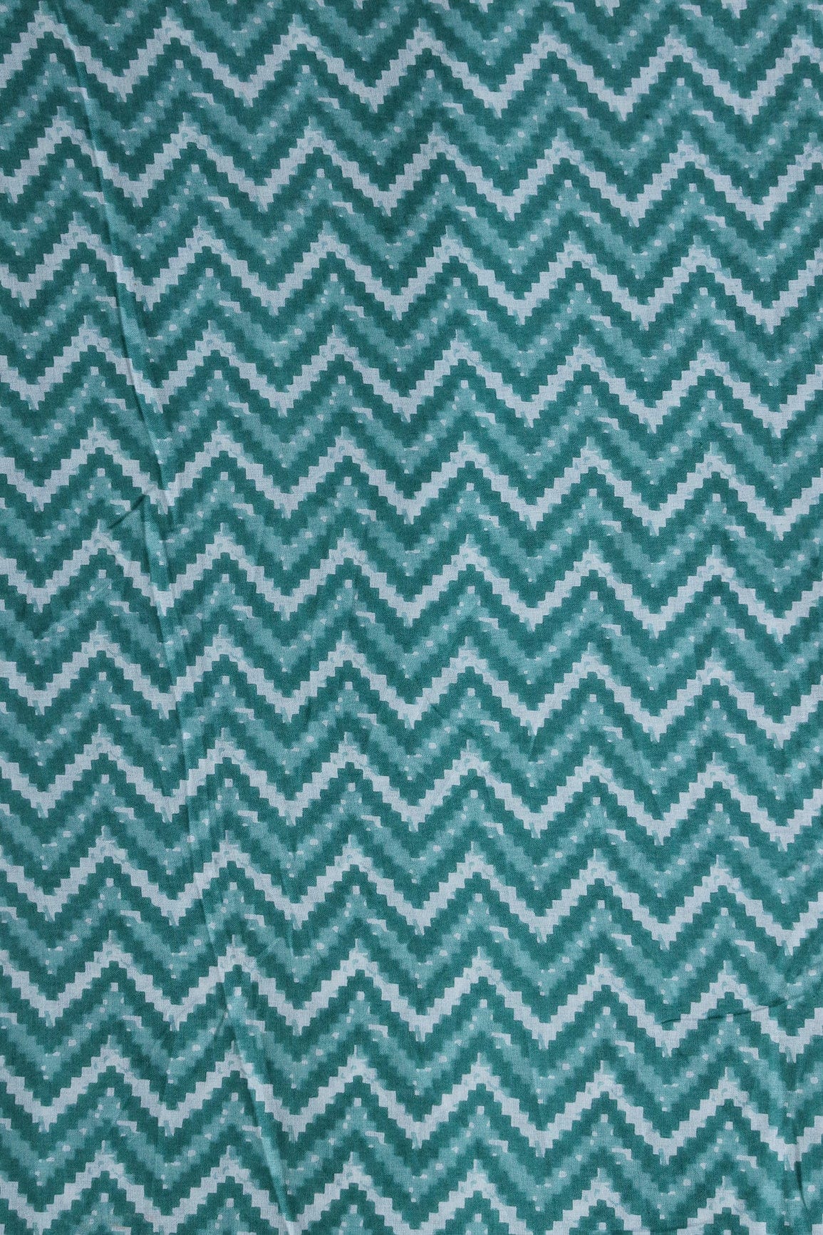 White And Jungle Green Chevron Print On Pure Cotton Fabric - doeraa