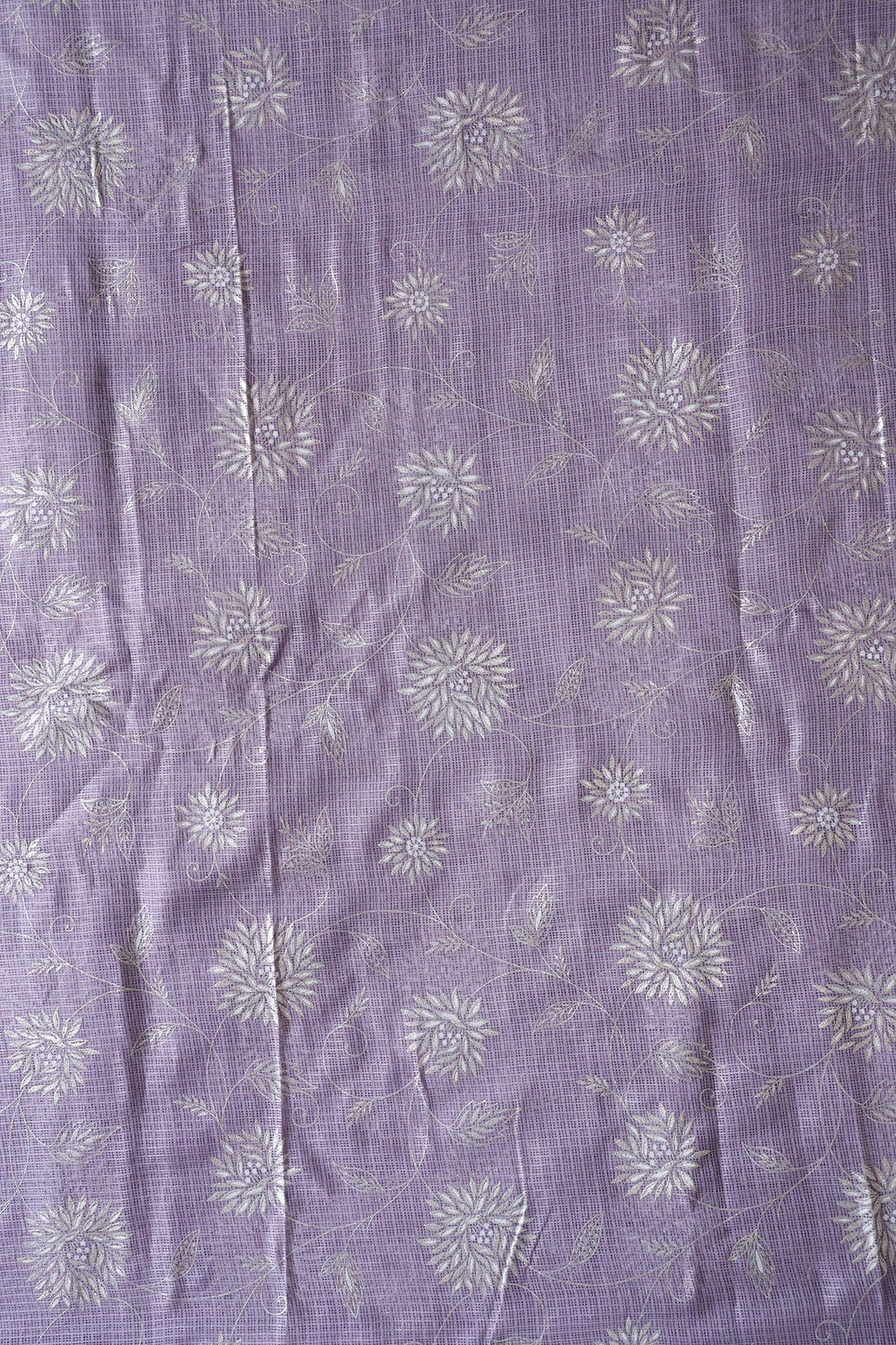White And Lavender Floral Foil Print Kota Doria Net Fabric - doeraa