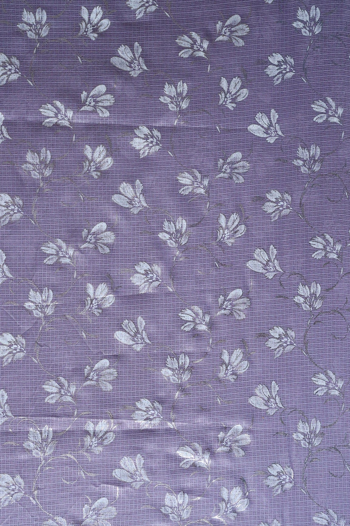 White And Lavender Floral Foil Print Kota Doria Net Fabric - doeraa