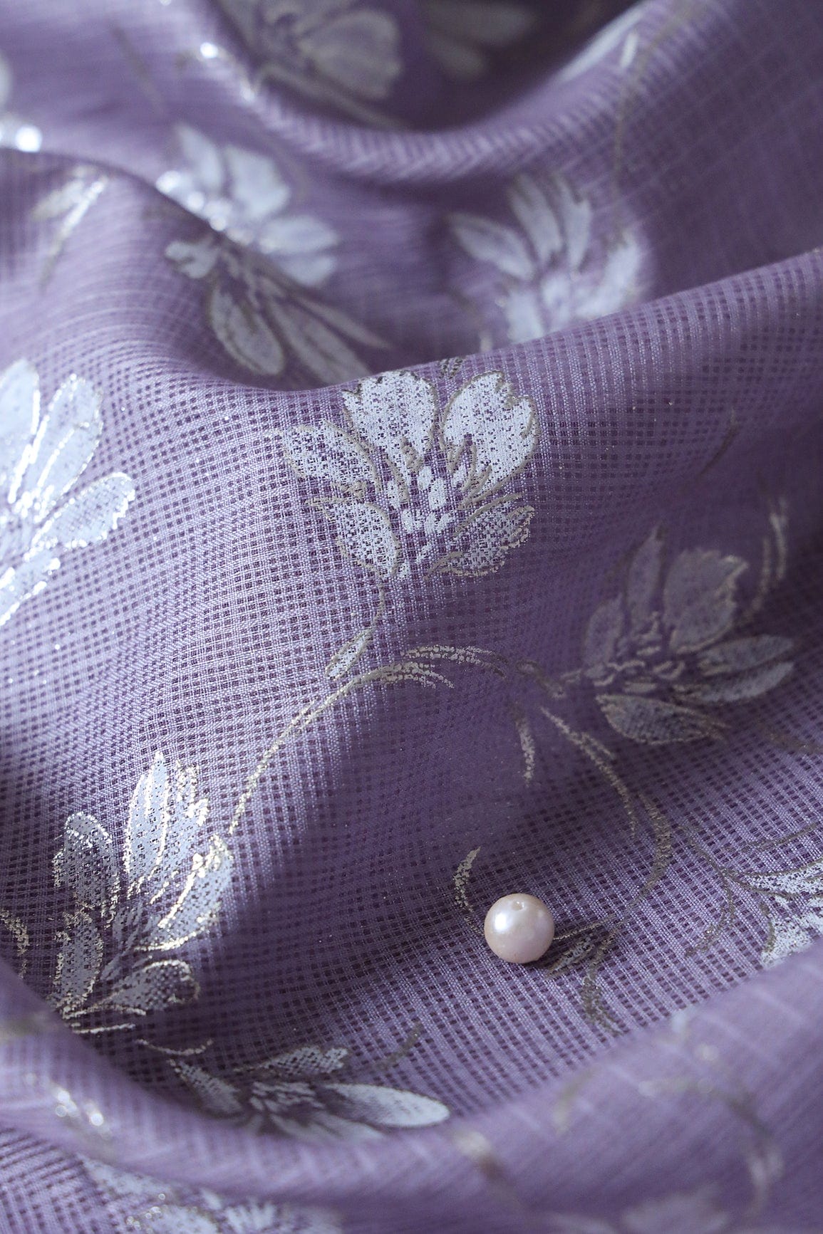 White And Lavender Floral Foil Print Kota Doria Net Fabric - doeraa