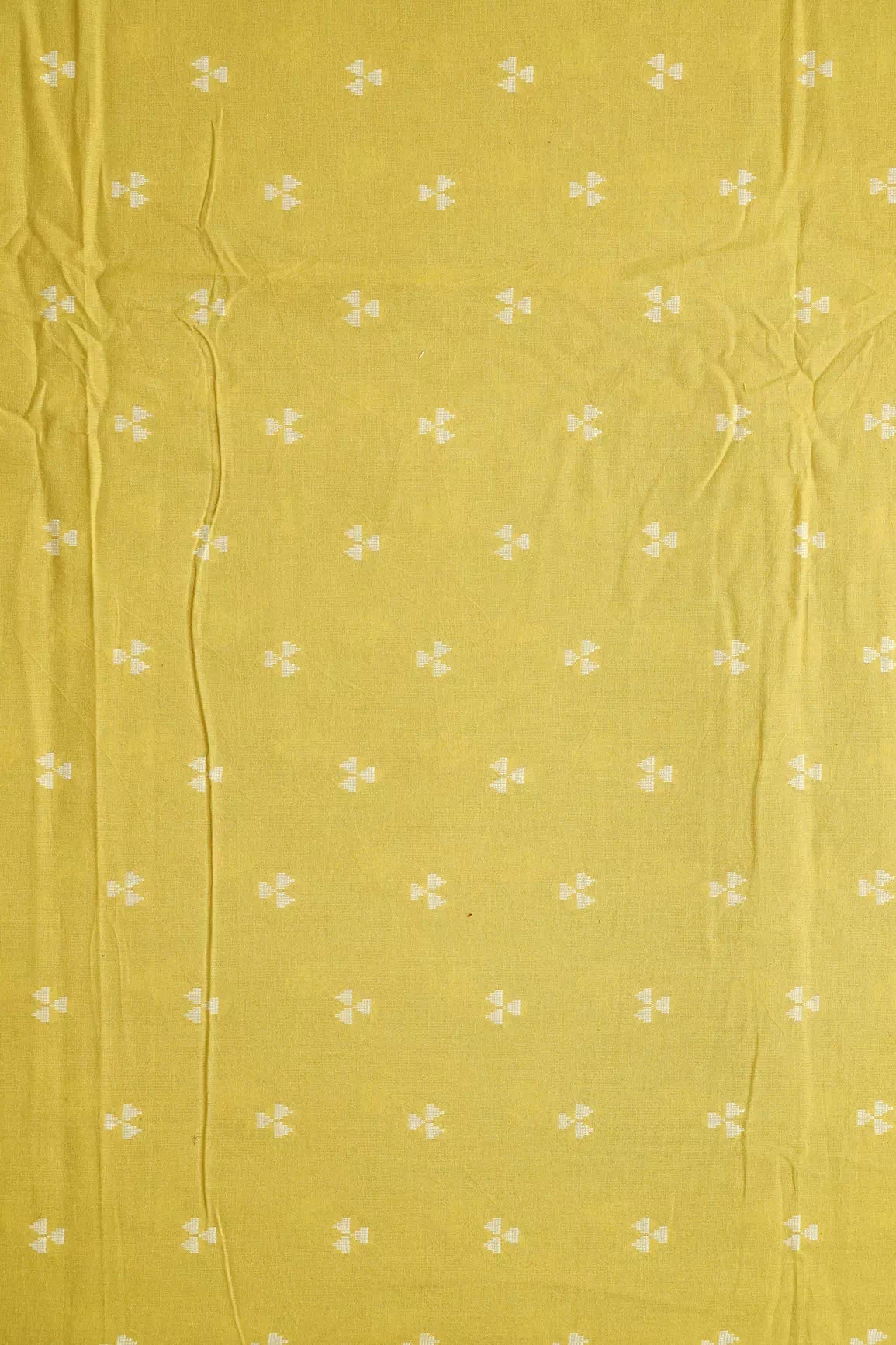 White And Lemon Yellow Geometric Pattern On Handwoven Organic Cotton Fabric - doeraa