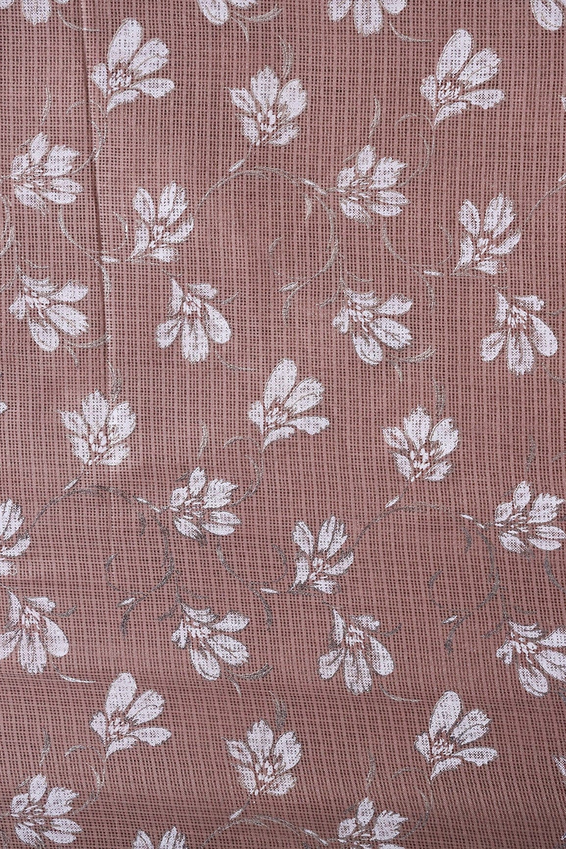 White And Light Brown Floral Foil Print Kota Doria Net Fabric - doeraa