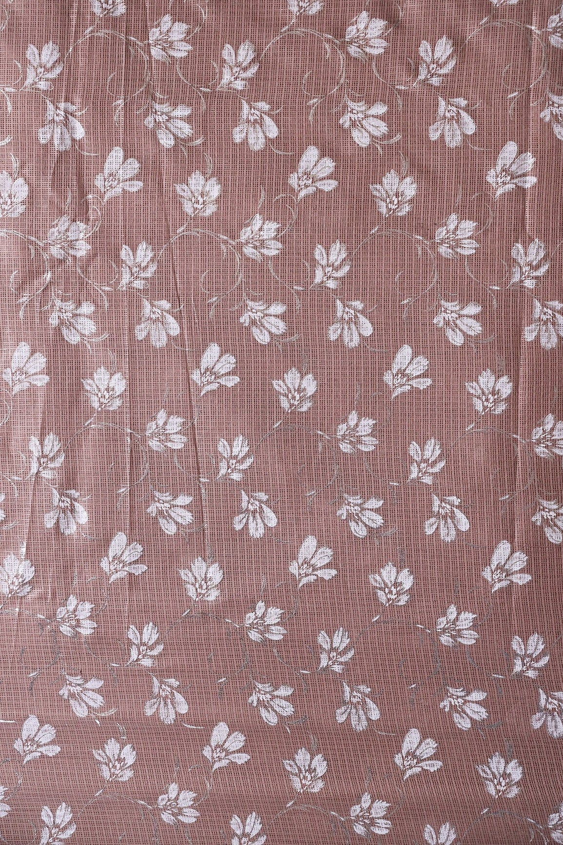 White And Light Brown Floral Foil Print Kota Doria Net Fabric - doeraa