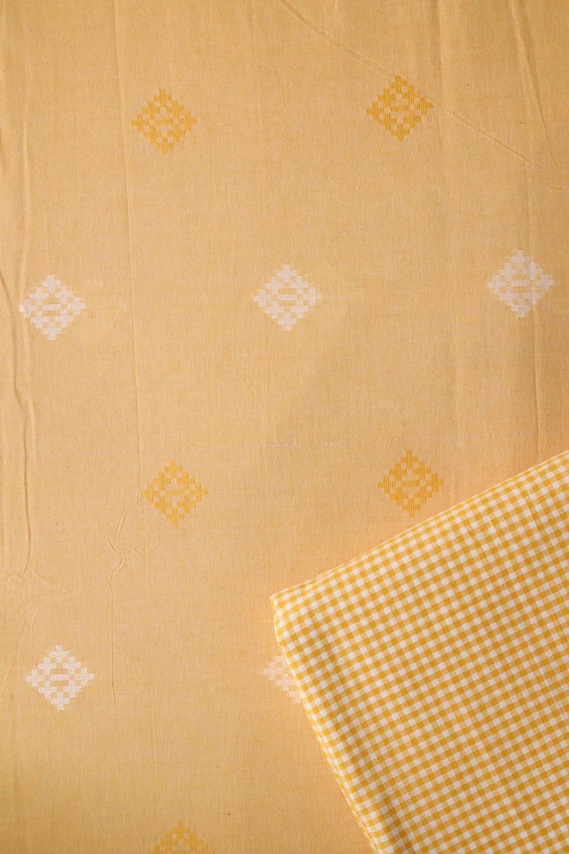 White And Mellow Yellow Small Booti Pattern Handwoven Organic Cotton Fabric - doeraa