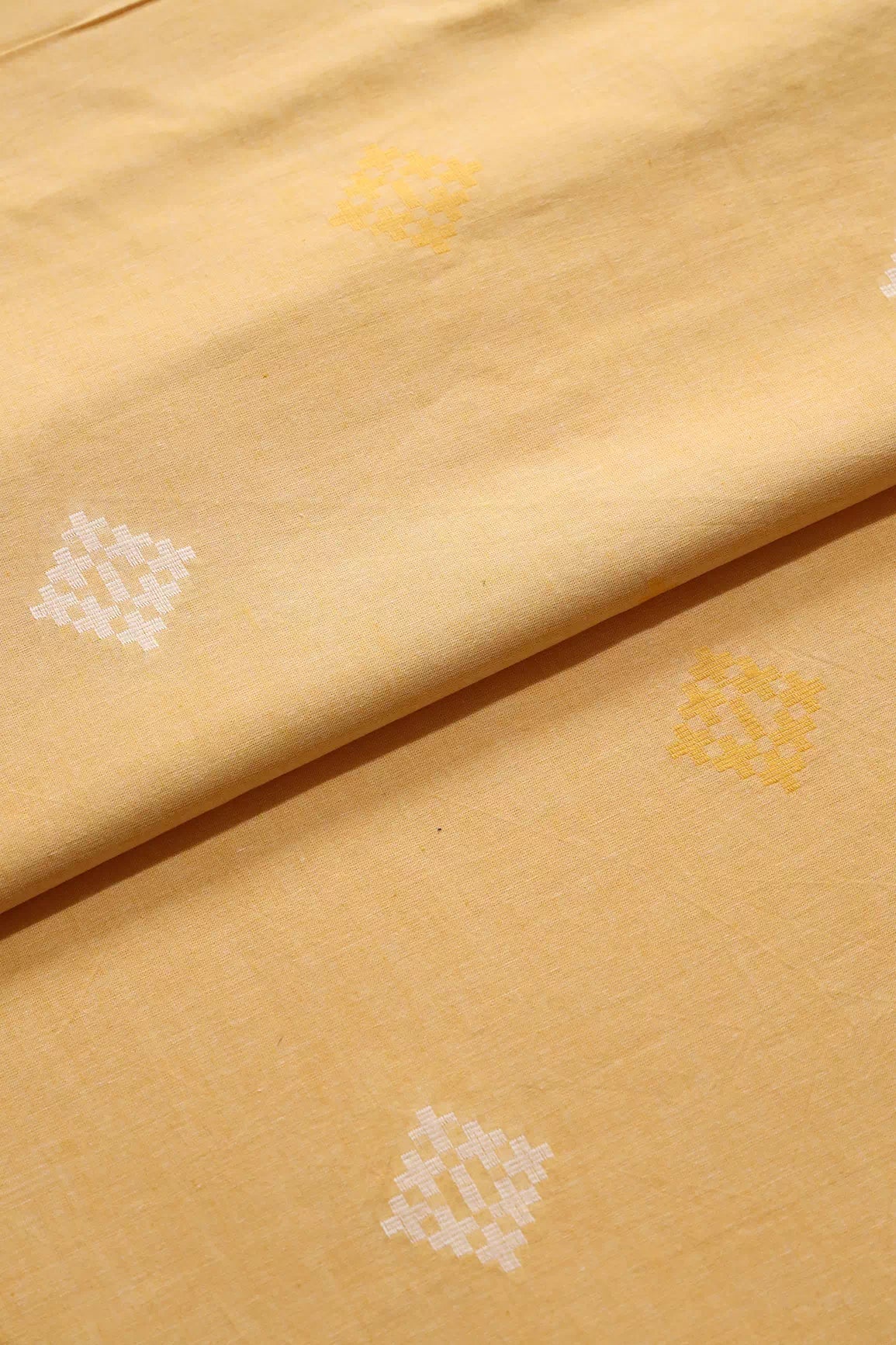 White And Mellow Yellow Small Booti Pattern Handwoven Organic Cotton Fabric - doeraa