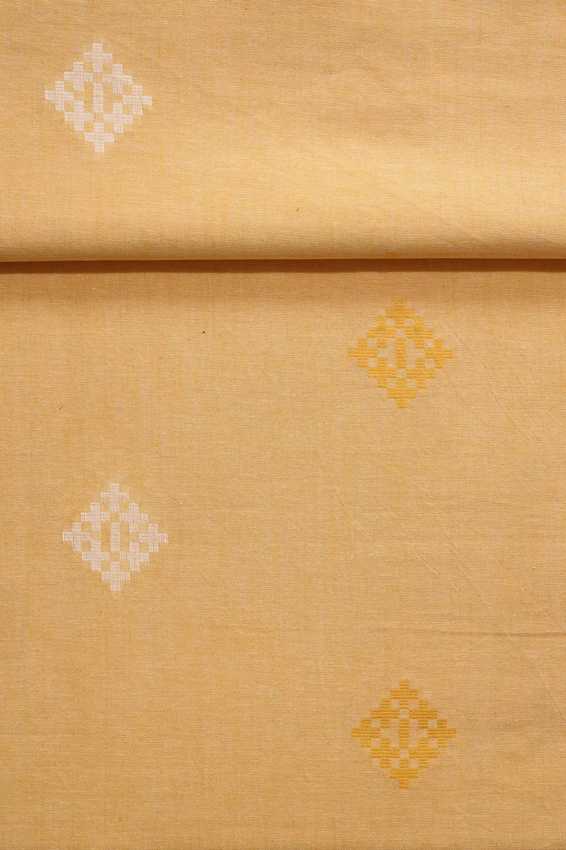 White And Mellow Yellow Small Booti Pattern Handwoven Organic Cotton Fabric - doeraa