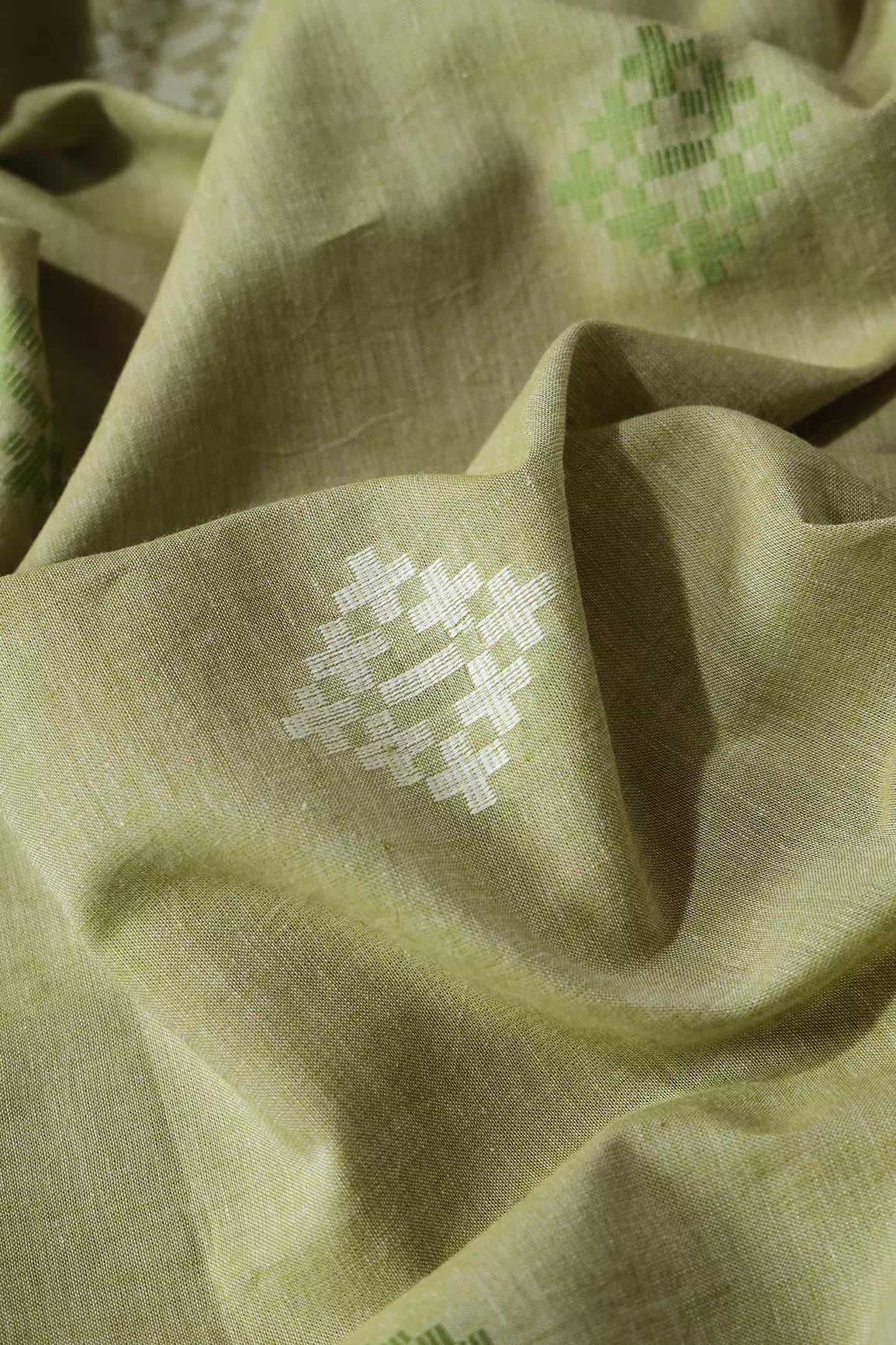 White And Olive Small Booti Pattern Handwoven Organic Cotton Fabric - doeraa