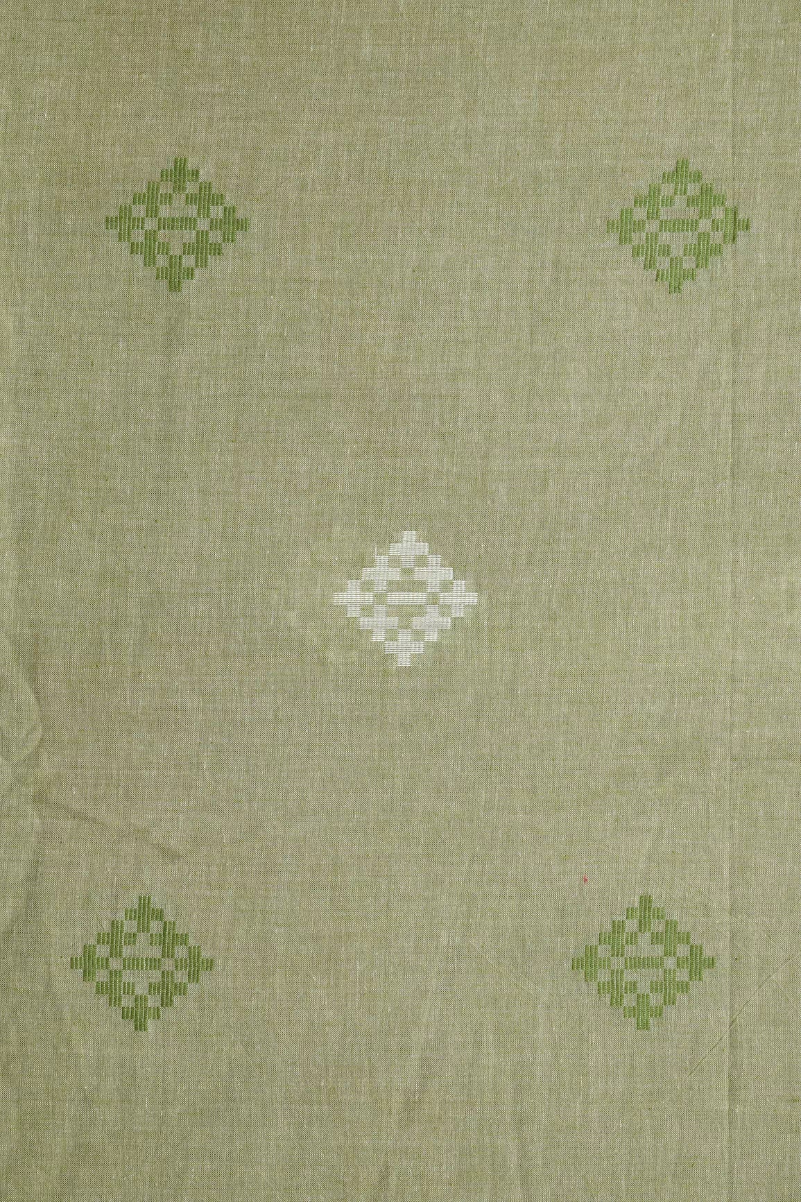 White And Olive Small Booti Pattern Handwoven Organic Cotton Fabric - doeraa