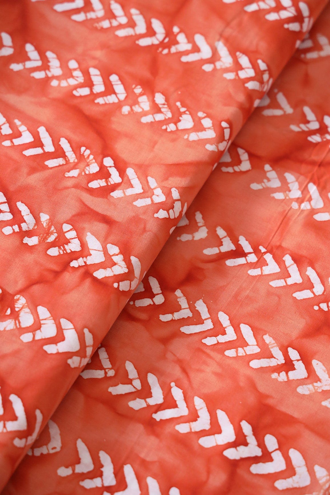 White And Orange Geometric Pattern Batik Handblock Organic Cotton Fabric - doeraa