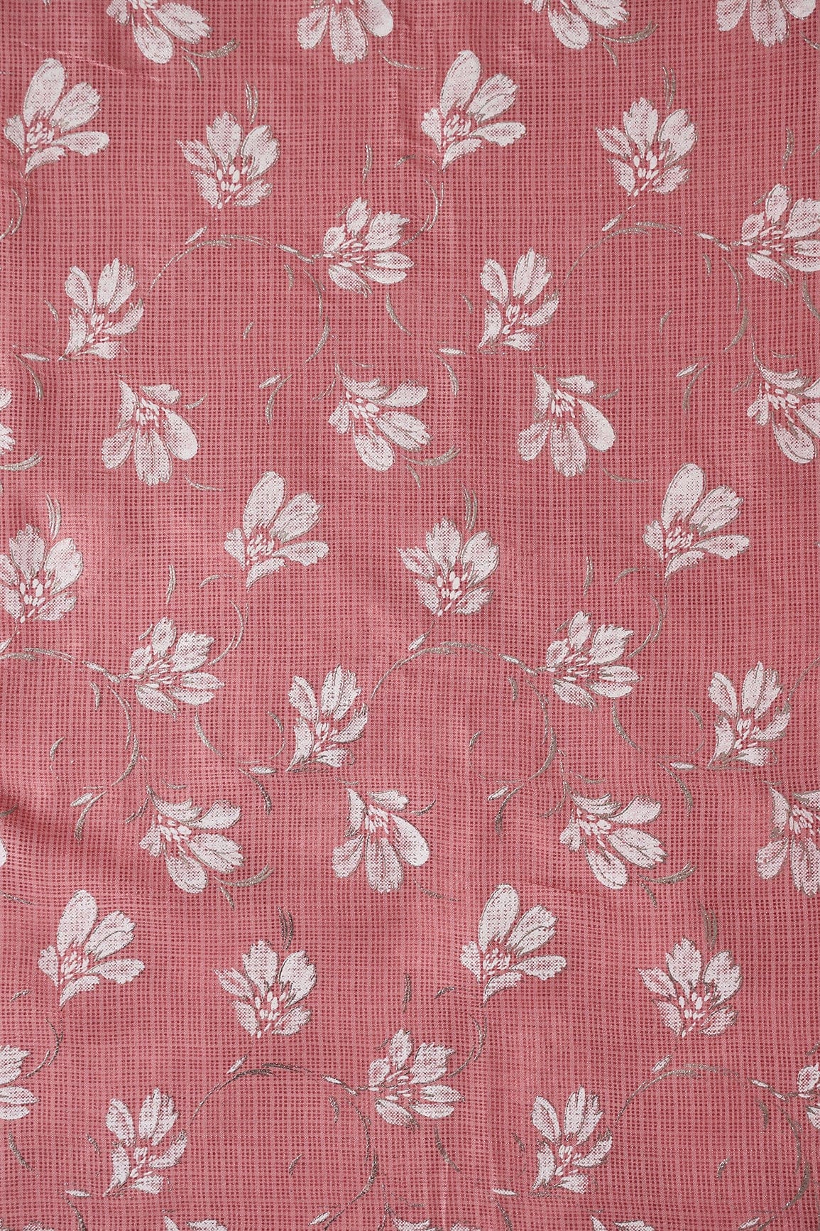 White And Peach Floral Foil Print Kota Doria Net Fabric - doeraa