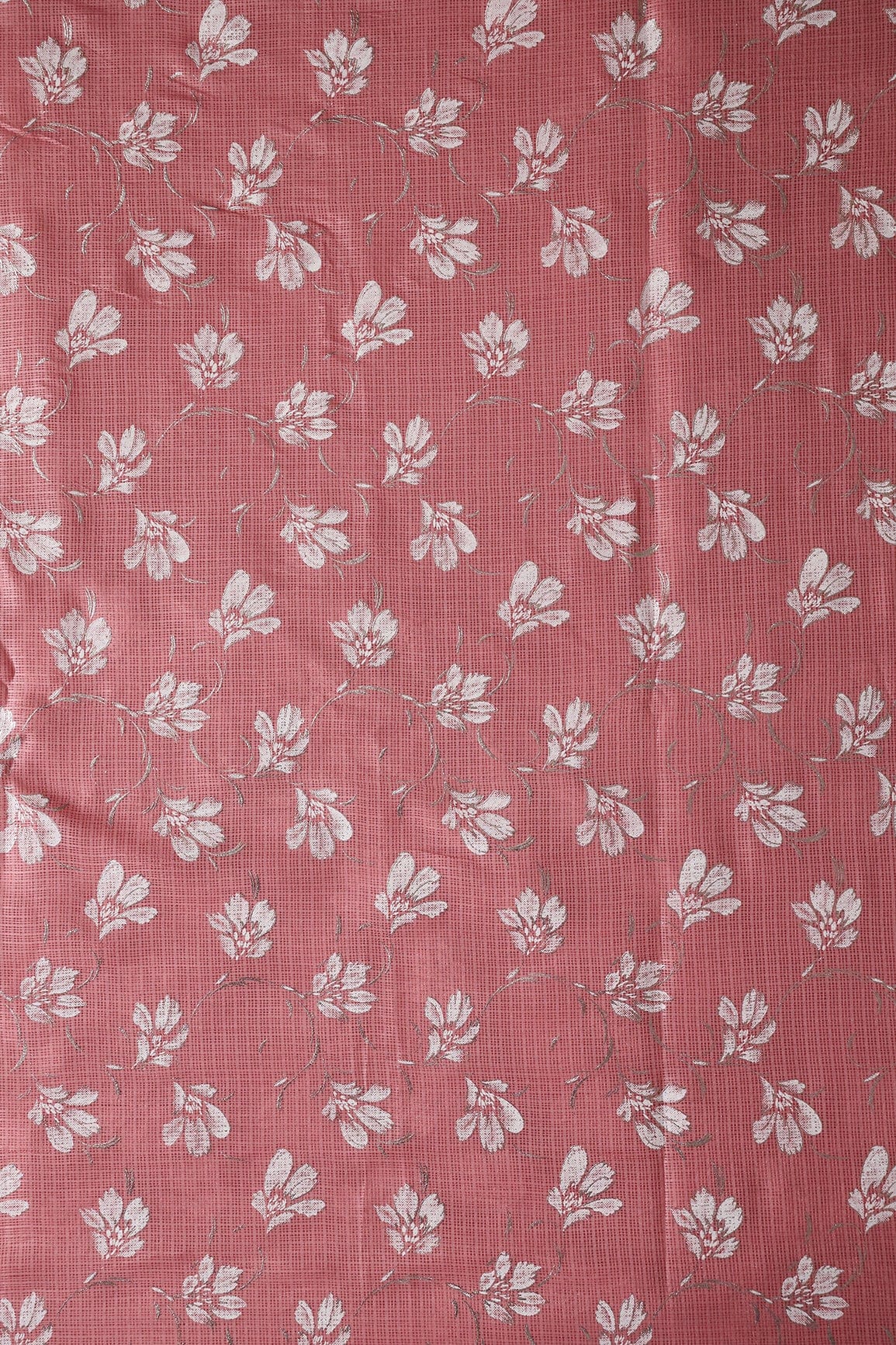 White And Peach Floral Foil Print Kota Doria Net Fabric - doeraa