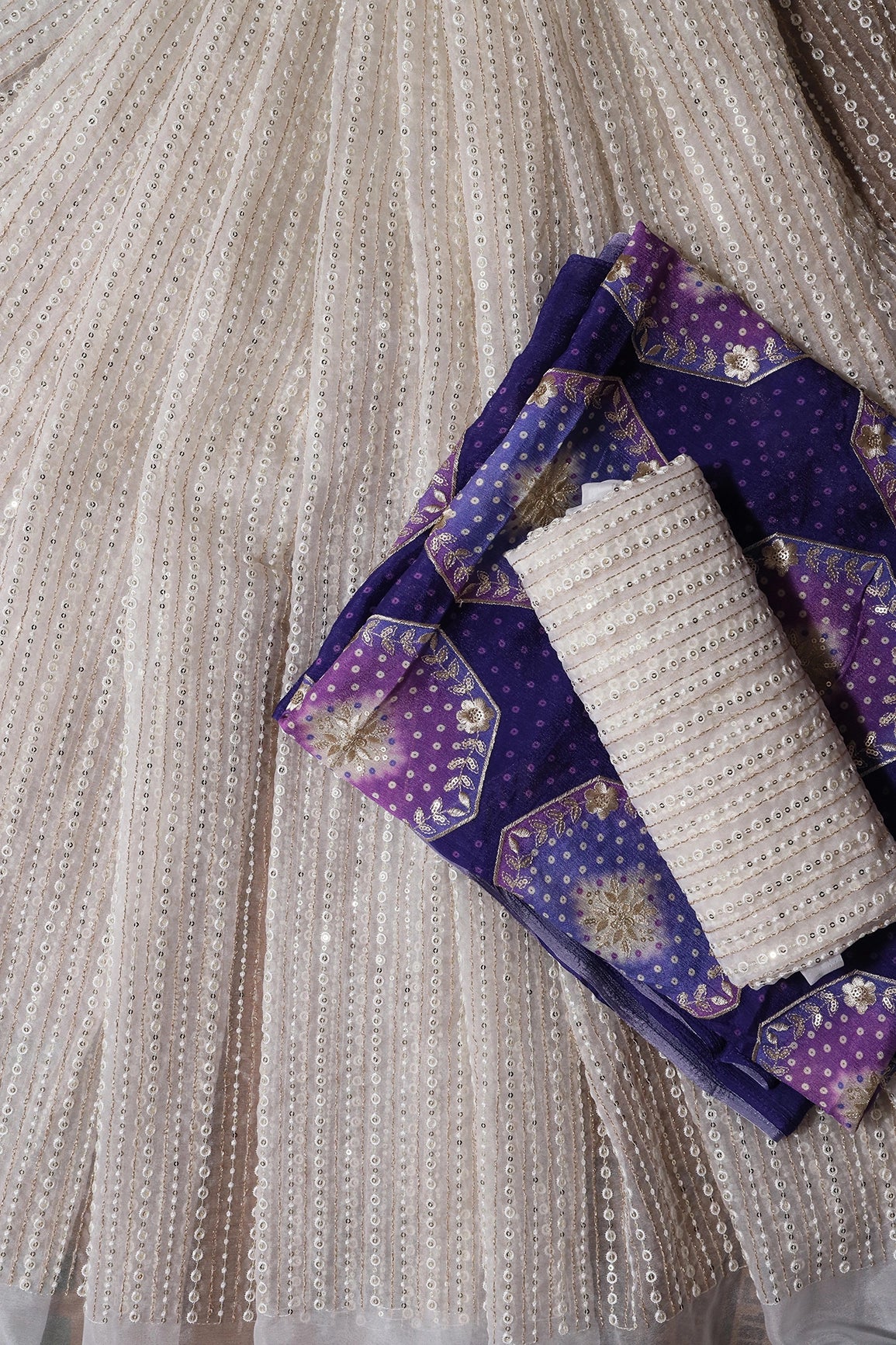 White And Purple Unstitched Lehenga Set Fabric (3 Piece) - doeraa