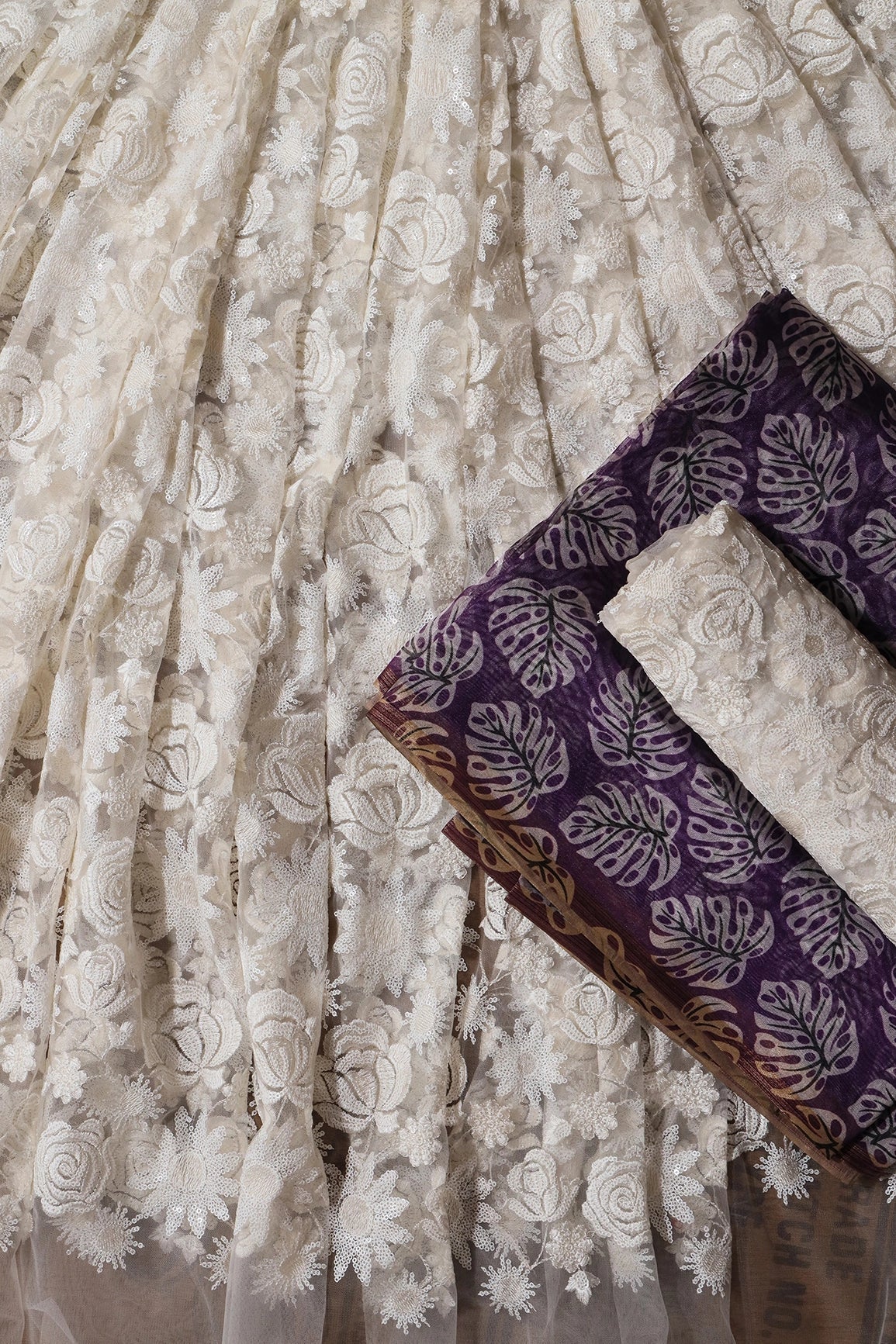 White And Purple Unstitched Lehenga Set Fabric (3 Piece) - doeraa