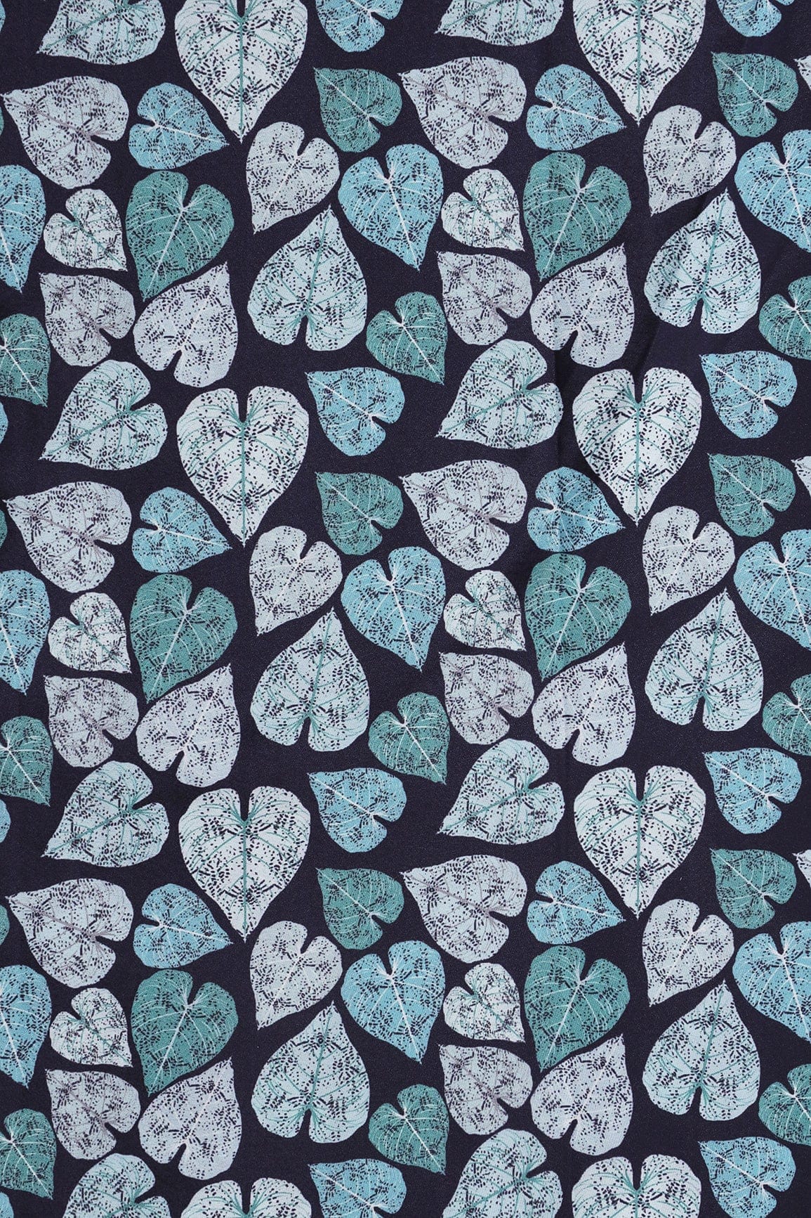 White And Teal Leafy Pattern Digital Print On Dark Navy Blue French Crepe Fabric - doeraa