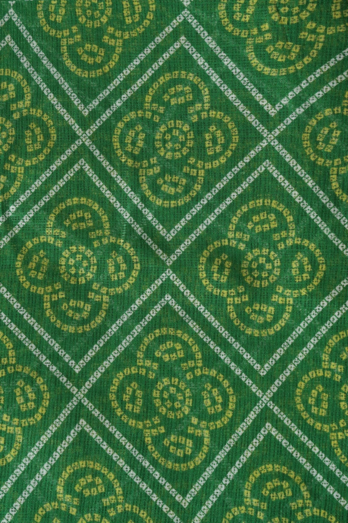 White And Yellow Bandhani Print On Green Kota Doria Fabric - doeraa