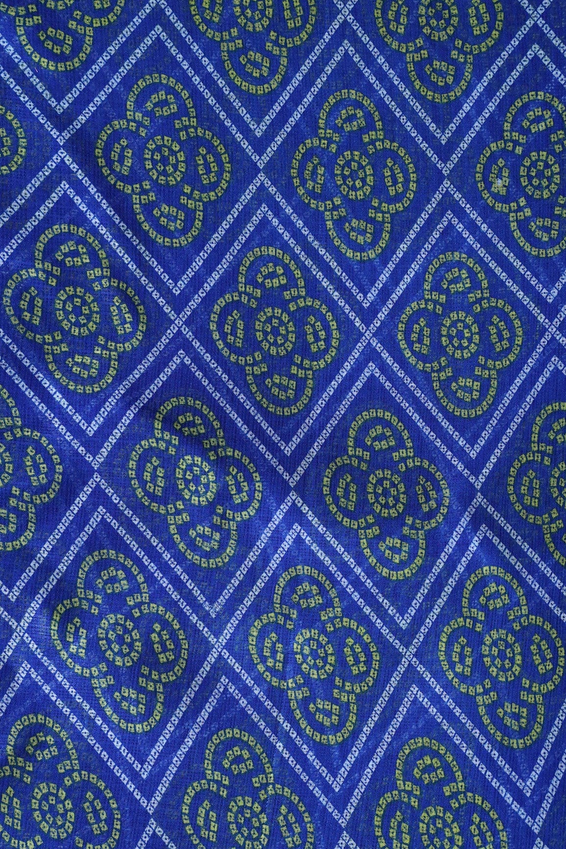 White And Yellow Bandhani Print On Royal Blue Kota Doria Fabric - doeraa