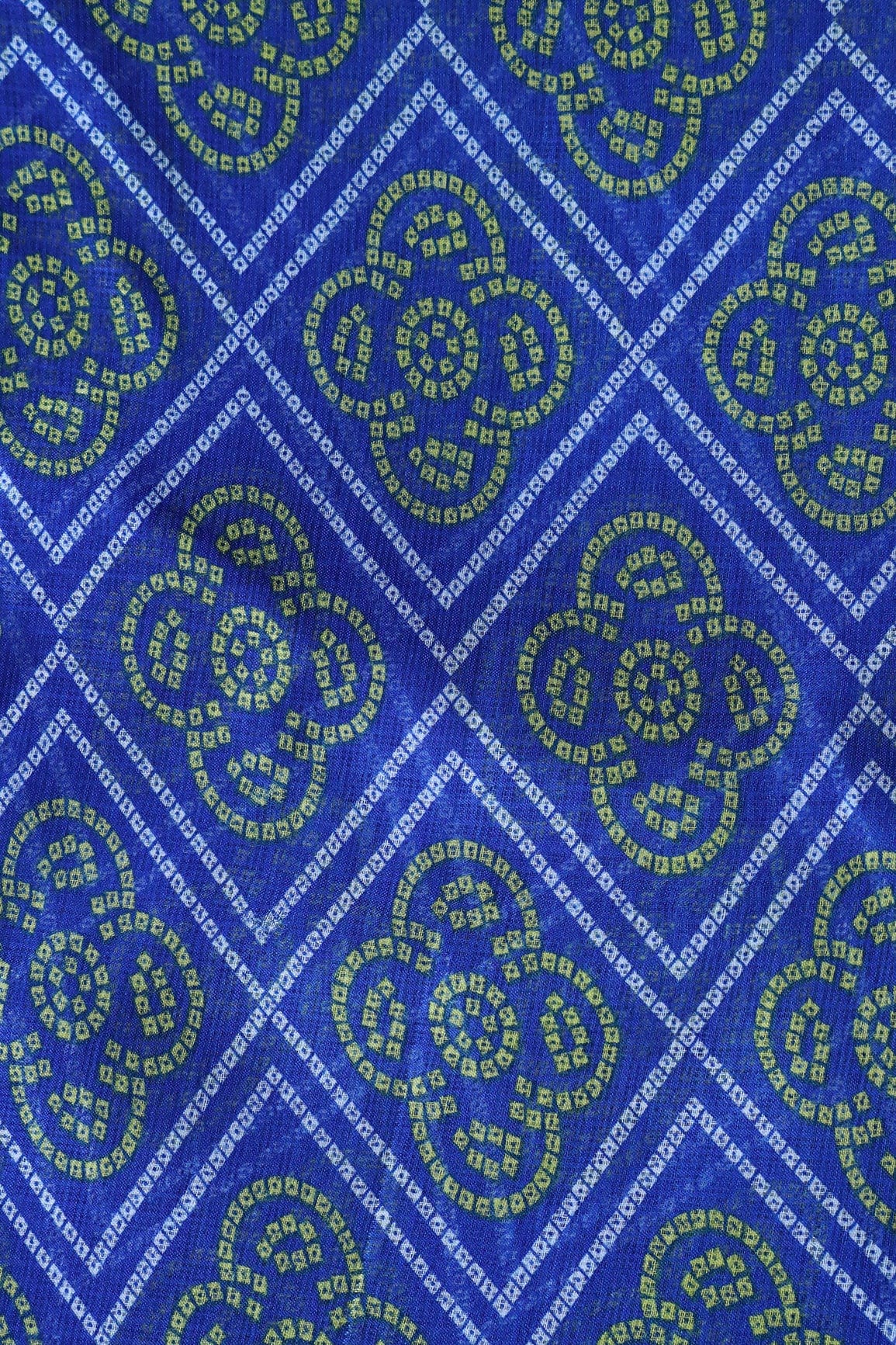 White And Yellow Bandhani Print On Royal Blue Kota Doria Fabric - doeraa