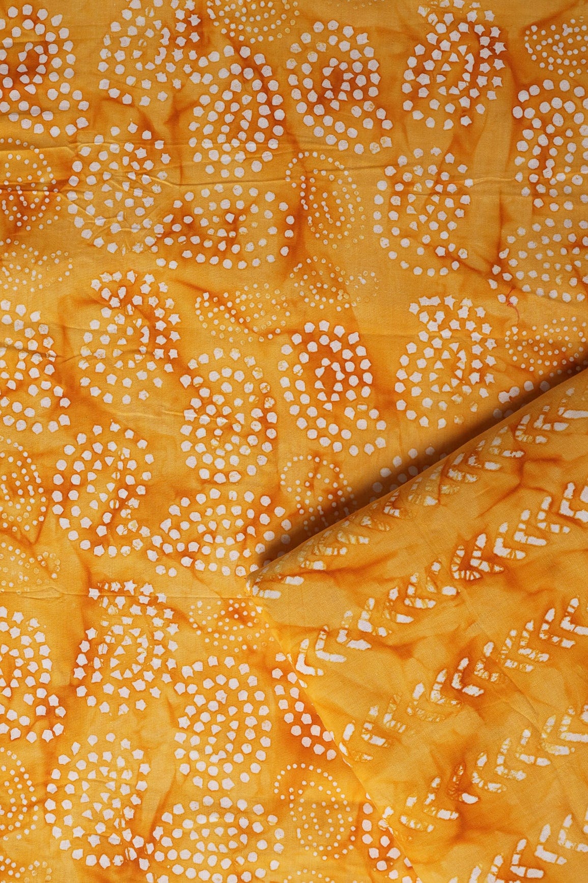 White And Yellow Batik Handblock Unstitched Cotton Suit (2 Piece) - doeraa