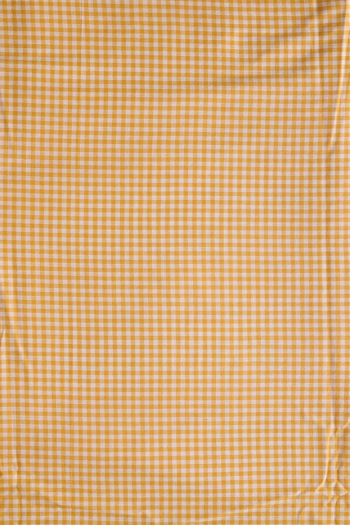 White And Yellow Small Checks Pattern On Handwoven Organic Cotton Fabric - doeraa