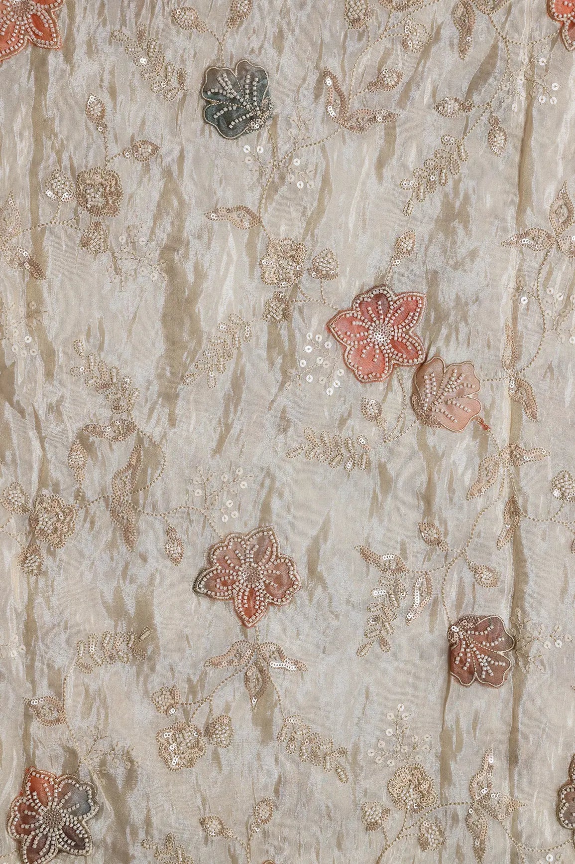 White Beads With Sequins Floral Embroidery On Dyeable Viscose Zari Tissue Fabric - doeraa