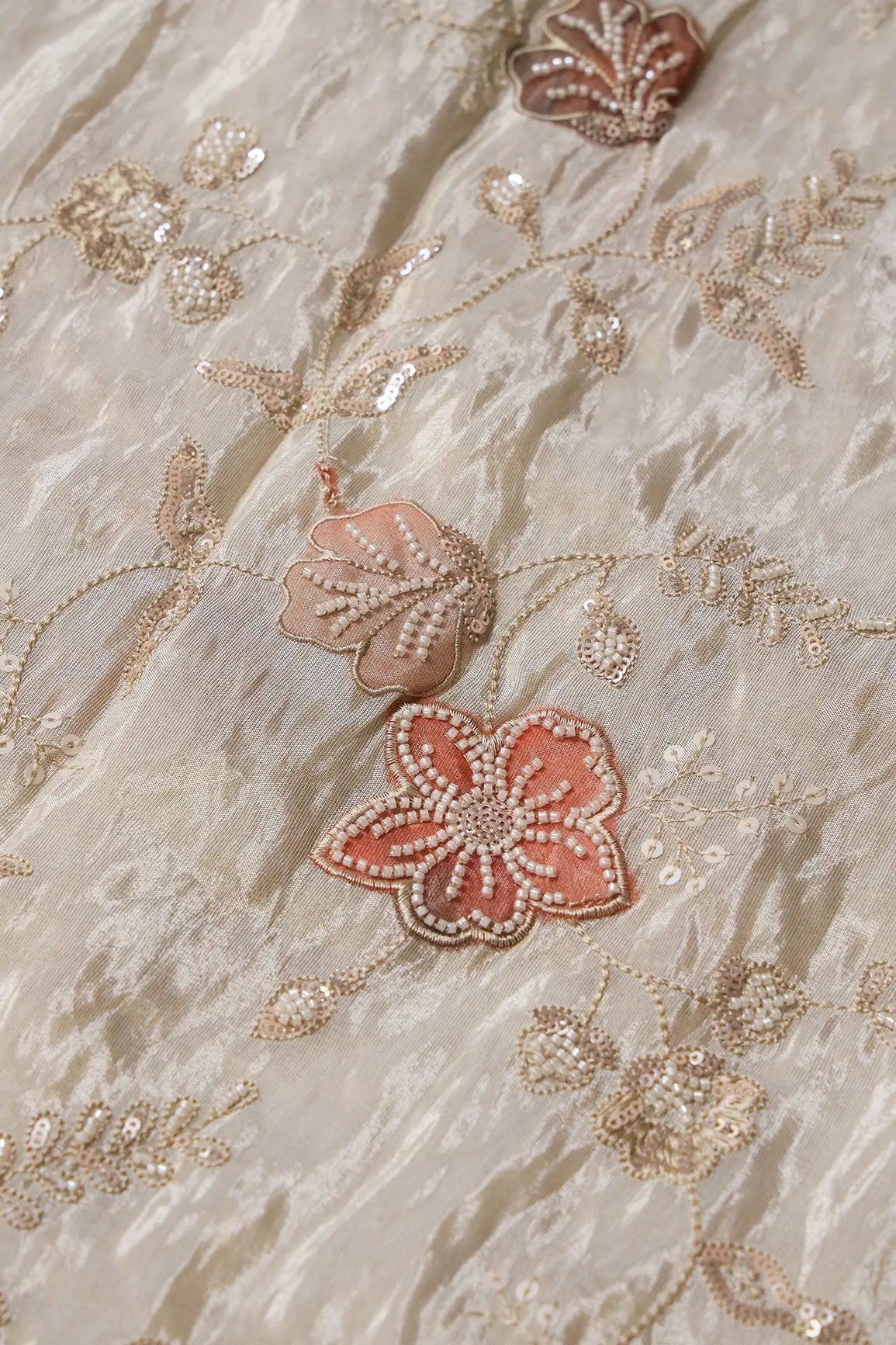 White Beads With Sequins Floral Embroidery On Dyeable Viscose Zari Tissue Fabric - doeraa