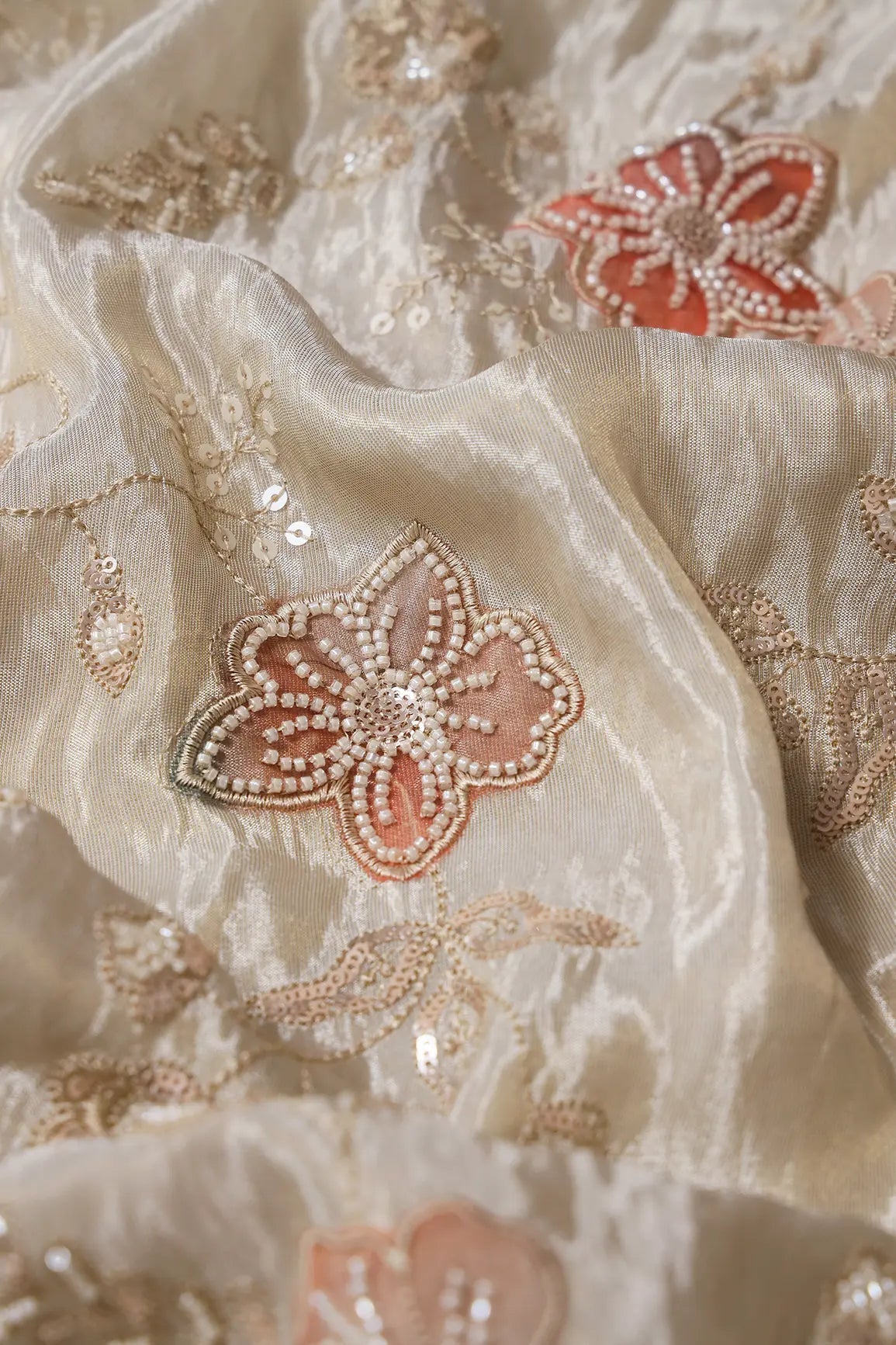 White Beads With Sequins Floral Embroidery On Dyeable Viscose Zari Tissue Fabric - doeraa