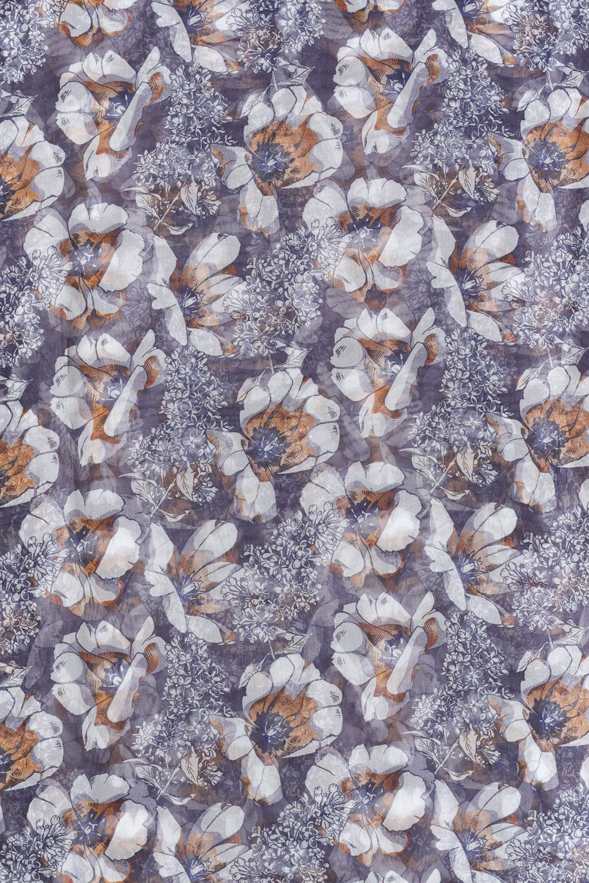 White Beautiful Floral Digital Print On Pewter Grey Organza Fabric - doeraa