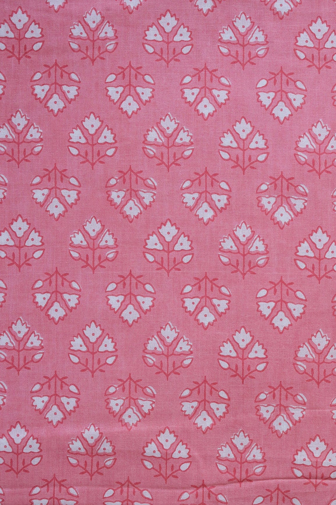White Floral Booti Pattern Print On Baby Pink Pure Cotton Fabric - doeraa