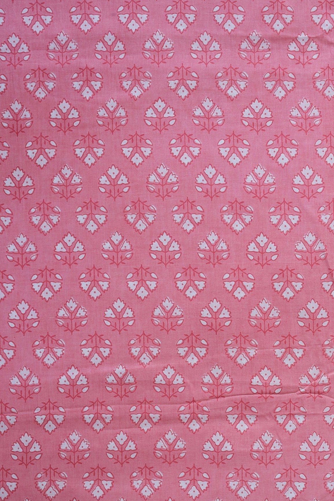 White Floral Booti Pattern Print On Baby Pink Pure Cotton Fabric - doeraa