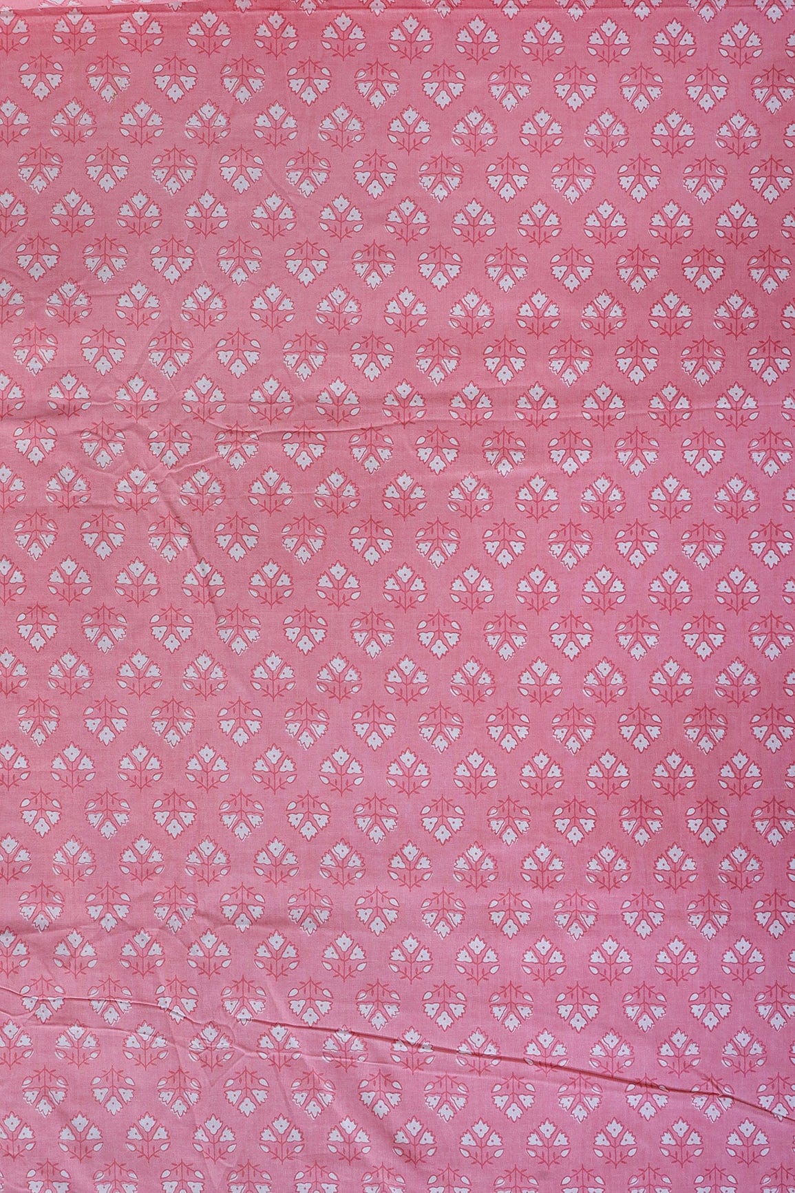 White Floral Booti Pattern Print On Baby Pink Pure Cotton Fabric - doeraa