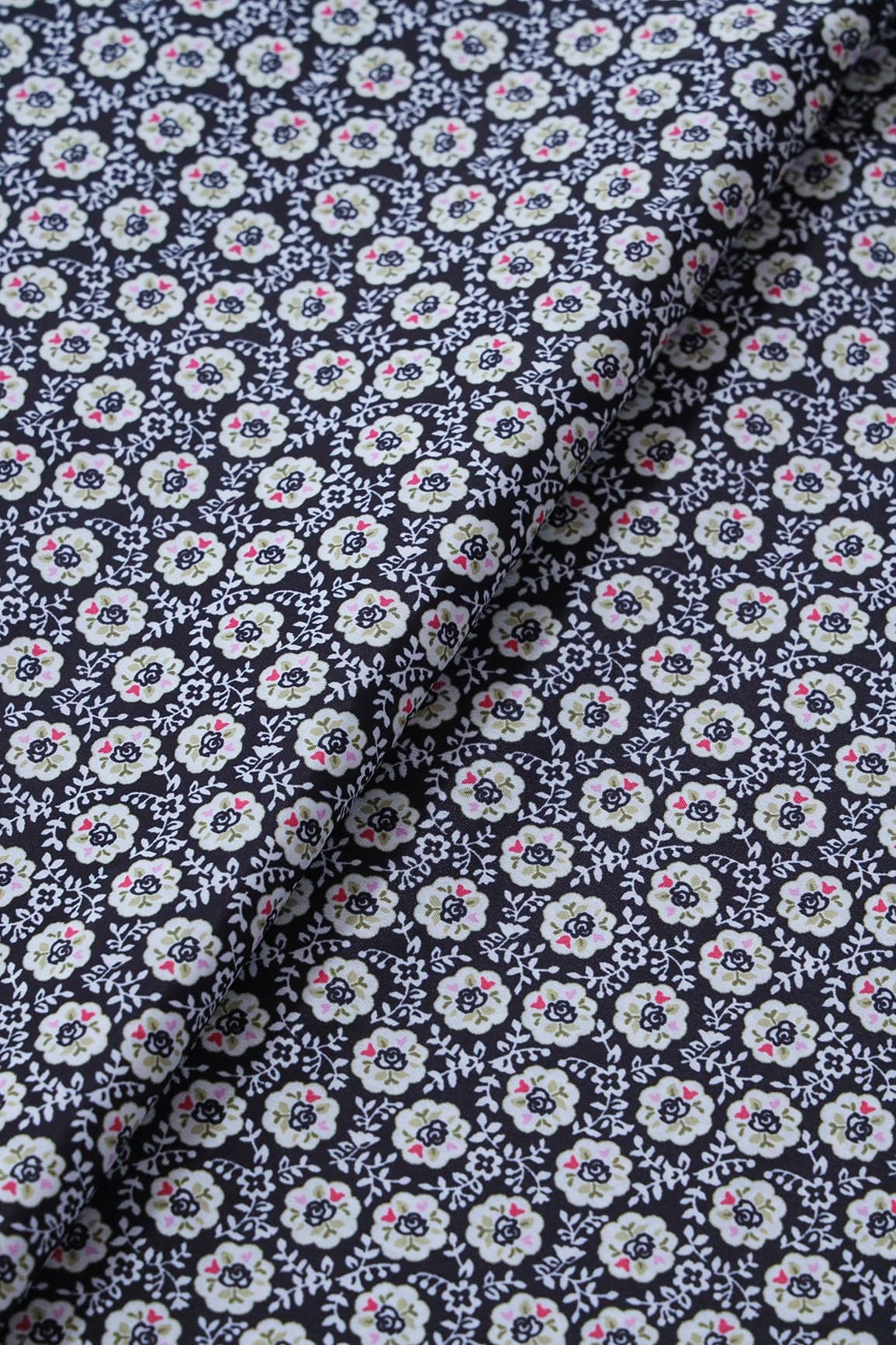 White Floral Pattern Digital Print On Black French Crepe Fabric - doeraa