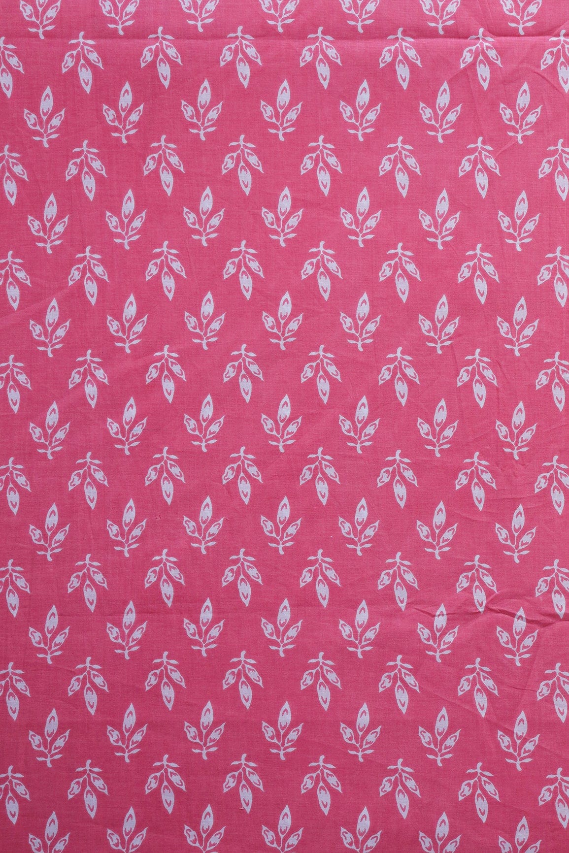 White Leafy Print On Pink Pure Cotton Fabric - doeraa