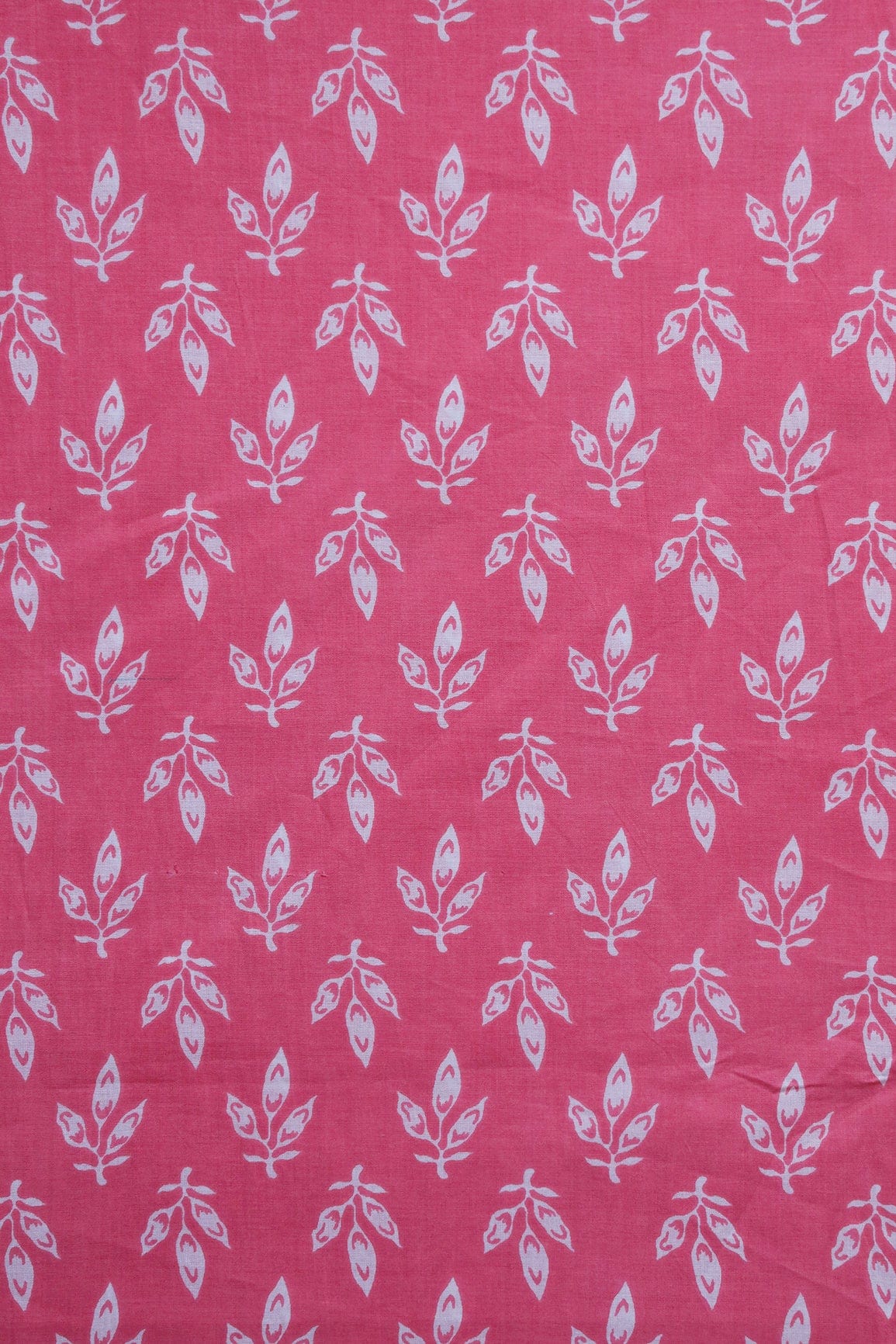 White Leafy Print On Pink Pure Cotton Fabric - doeraa