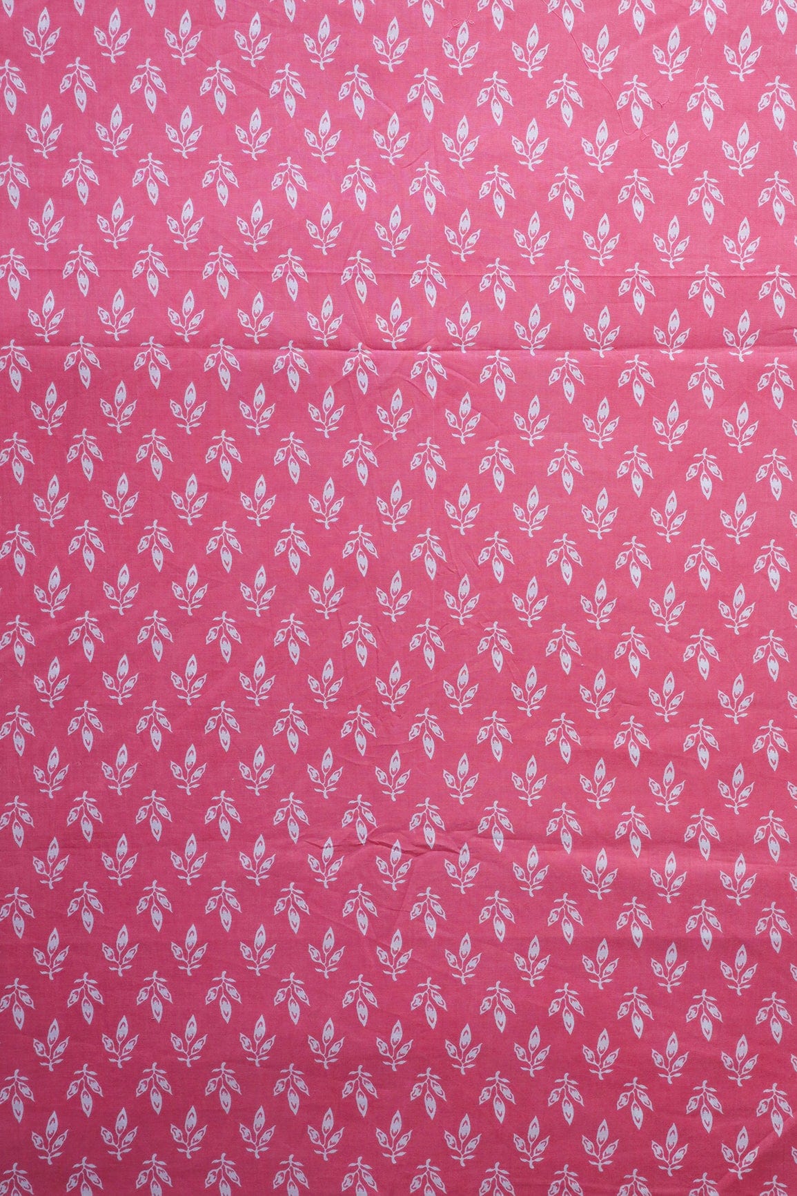 White Leafy Print On Pink Pure Cotton Fabric - doeraa