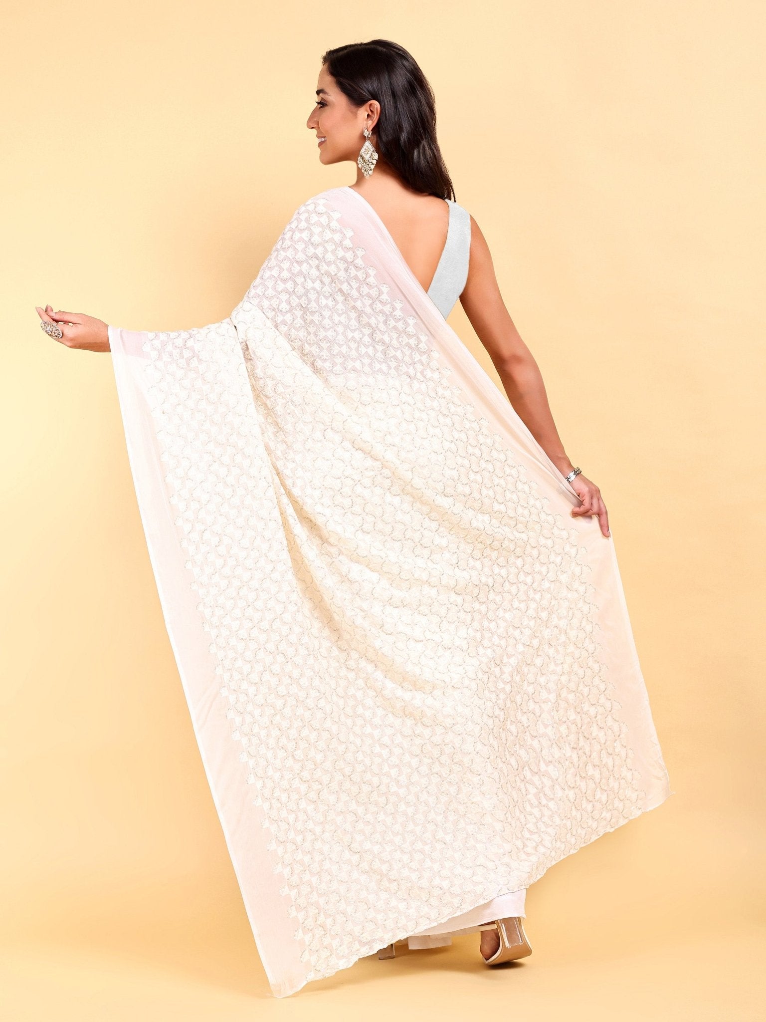 White Saree Set (2 Piece) - doeraa