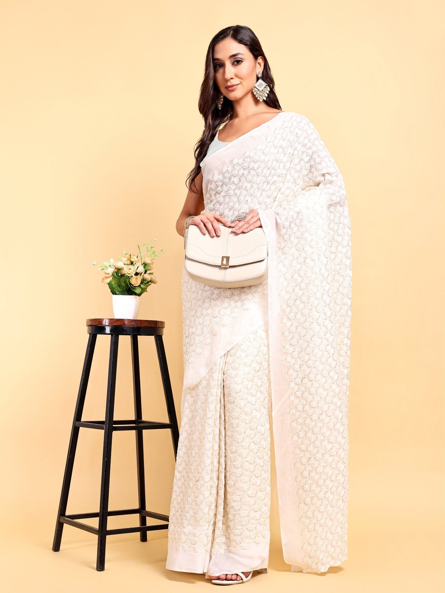 White Saree Set (2 Piece) - doeraa