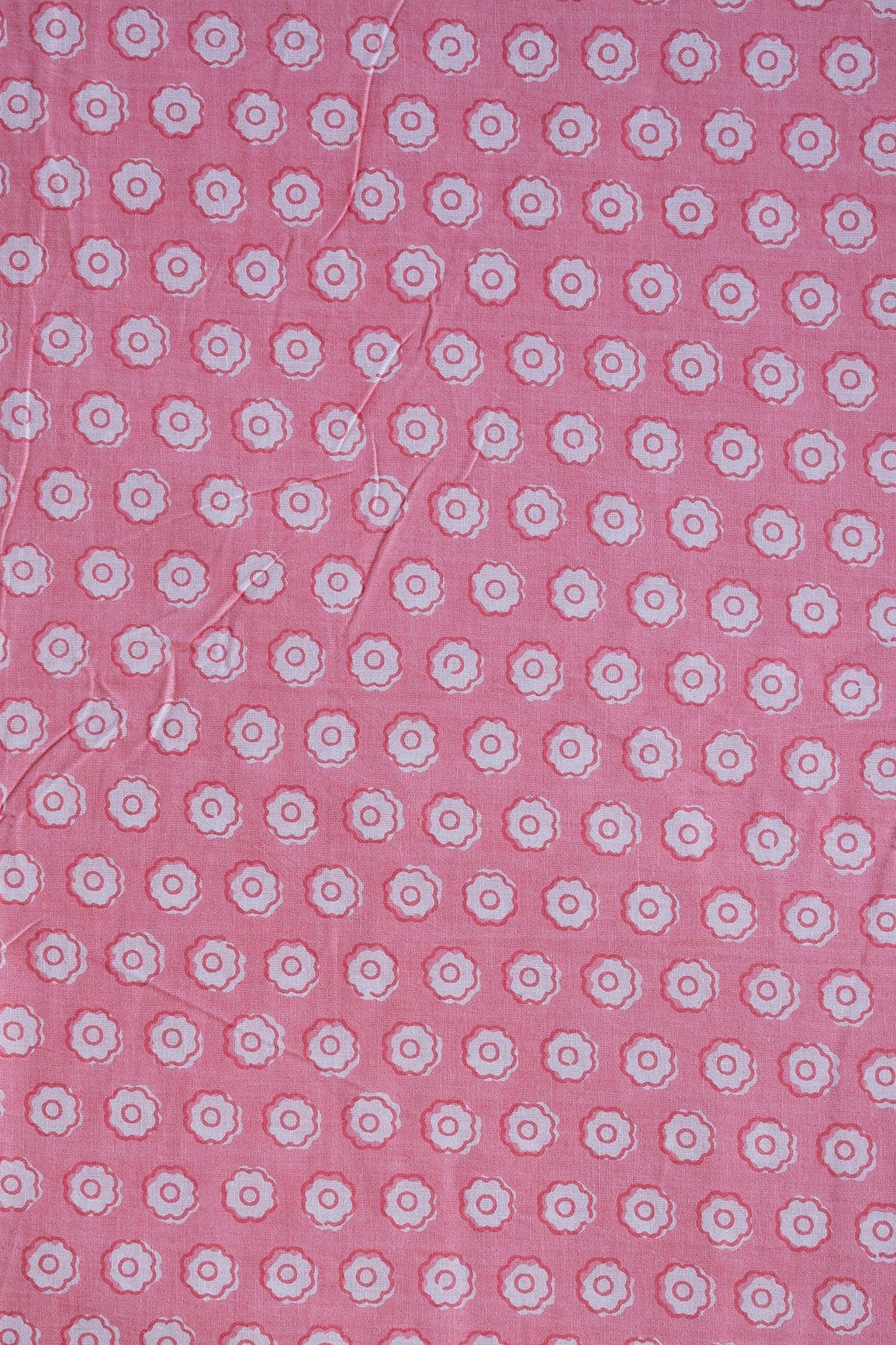 White Small Floral Booti Pattern Print On Baby Pink Pure Cotton Fabric - doeraa