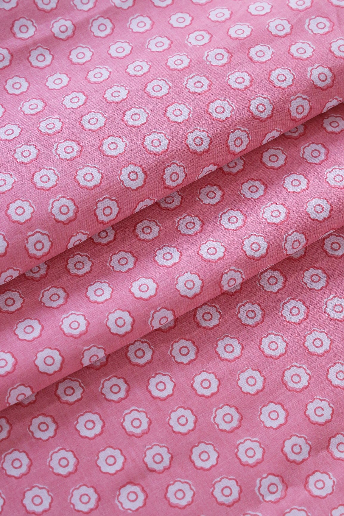 White Small Floral Booti Pattern Print On Baby Pink Pure Cotton Fabric - doeraa
