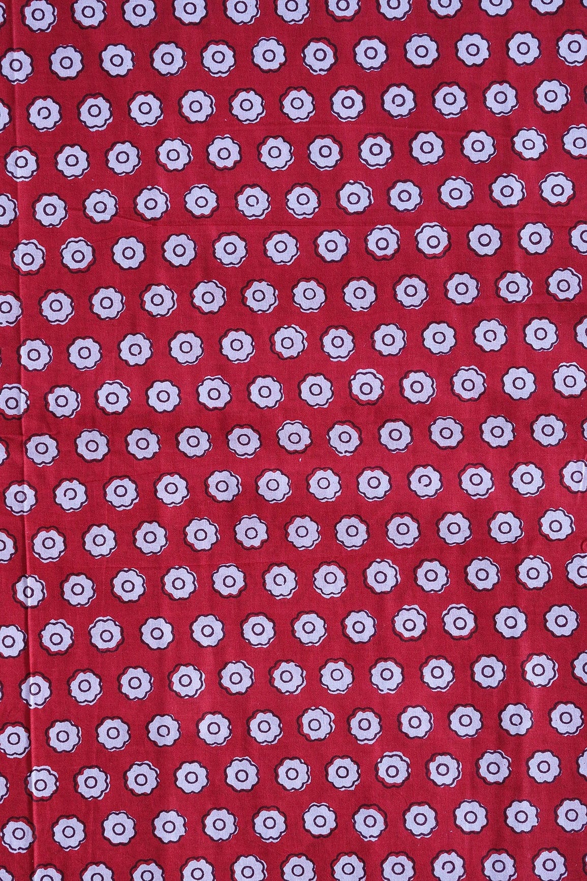 White Small Floral Booti Pattern Print On Red Pure Cotton Fabric - doeraa