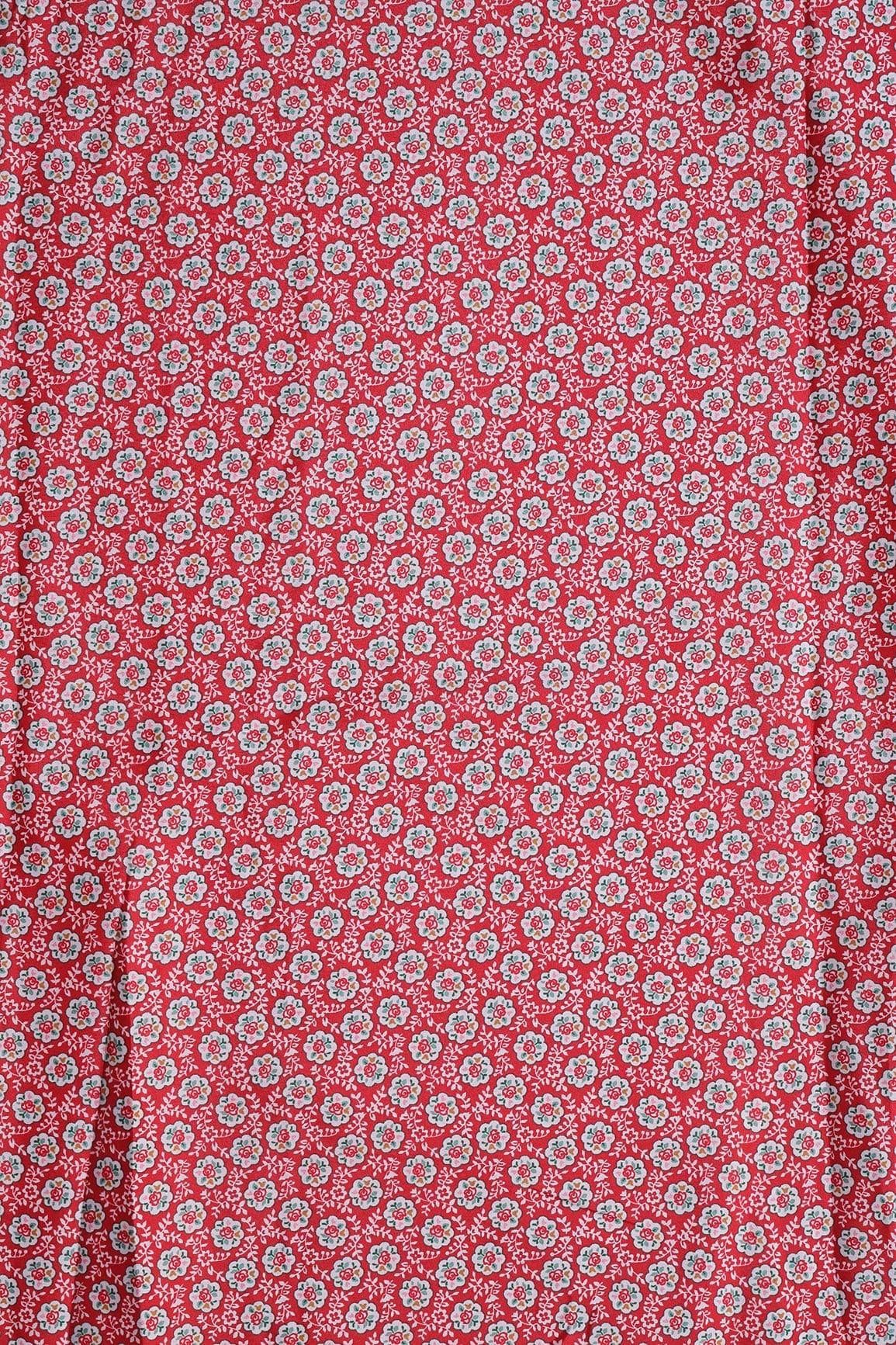 White Small Floral Pattern Digital Print On Red French Crepe Fabric - doeraa