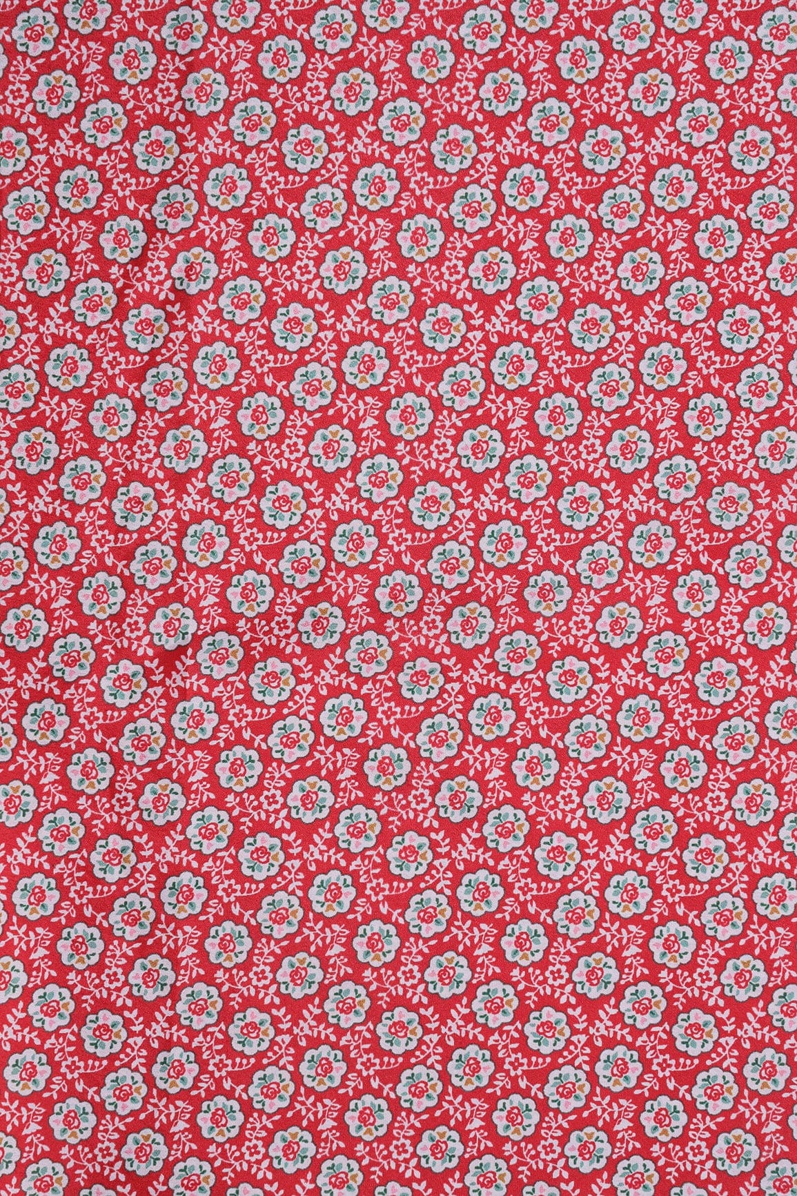 White Small Floral Pattern Digital Print On Red French Crepe Fabric - doeraa