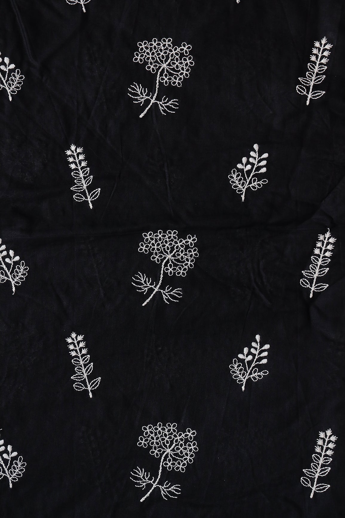 White Thread beautiful Leafy Embroidery On Black Organic Cotton Fabric - doeraa